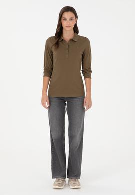 Kadın Haki Basic Polo Yaka Sweatshirt - 50289541117