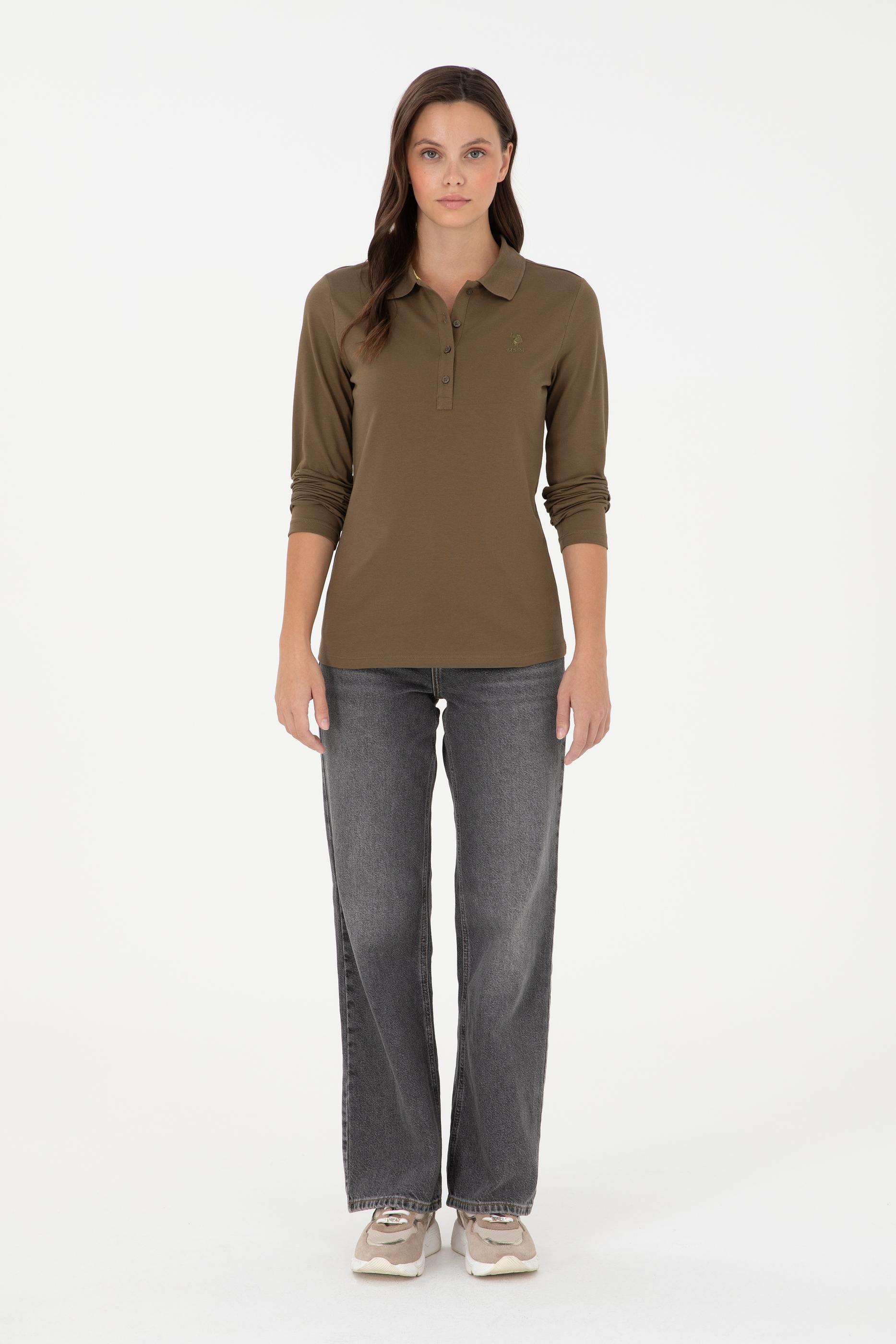 Kadın Haki Basic Polo Yaka Sweatshirt