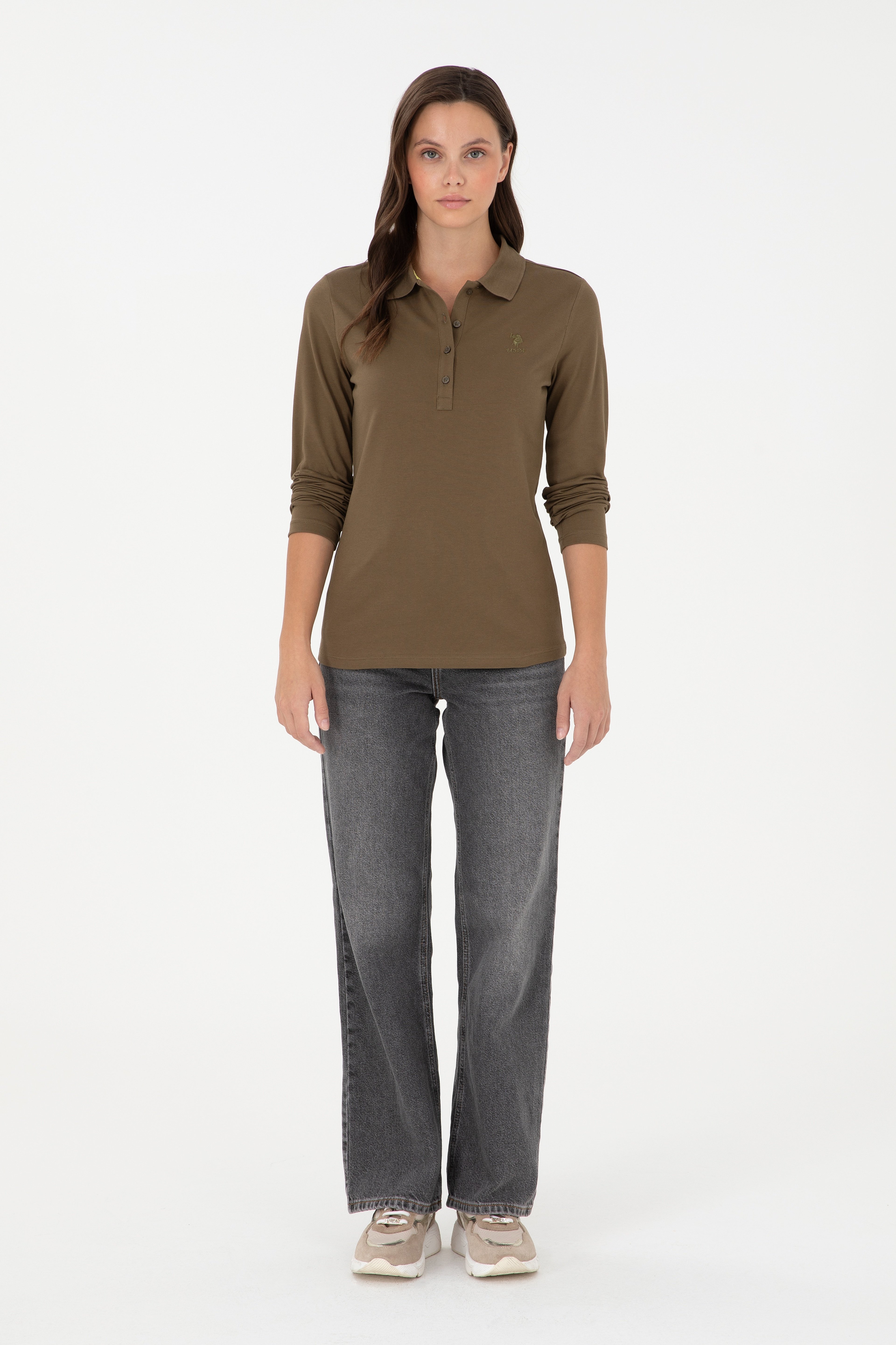 Kadın Haki Basic Polo Yaka Sweatshirt - Image 4