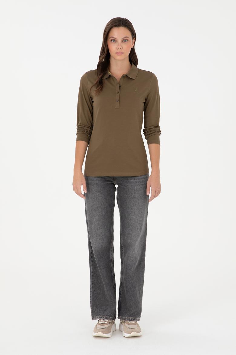 Kadın Haki Basic Polo Yaka Sweatshirt - 50289541117