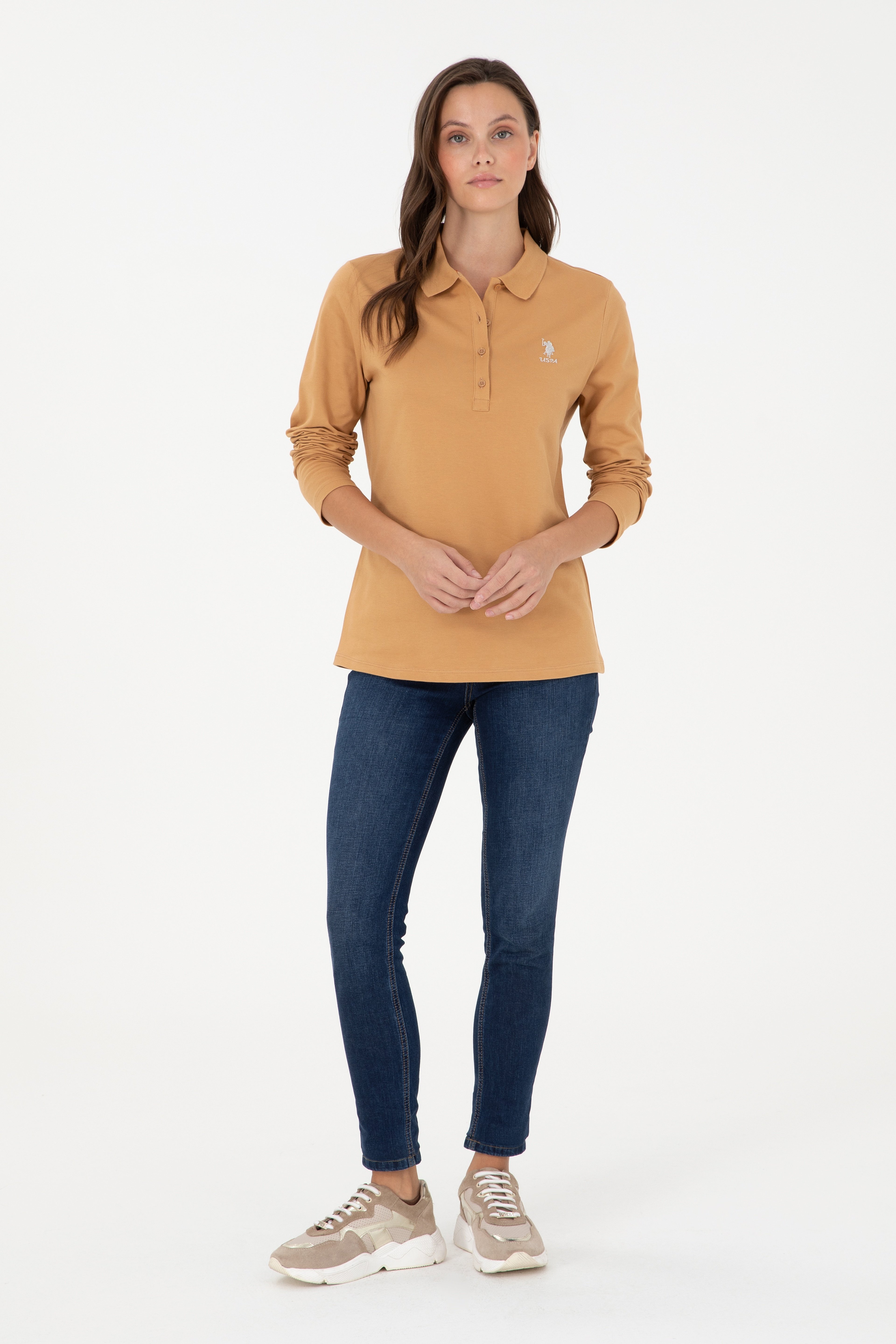 Kadın Camel Basic Polo Yaka Sweatshirt