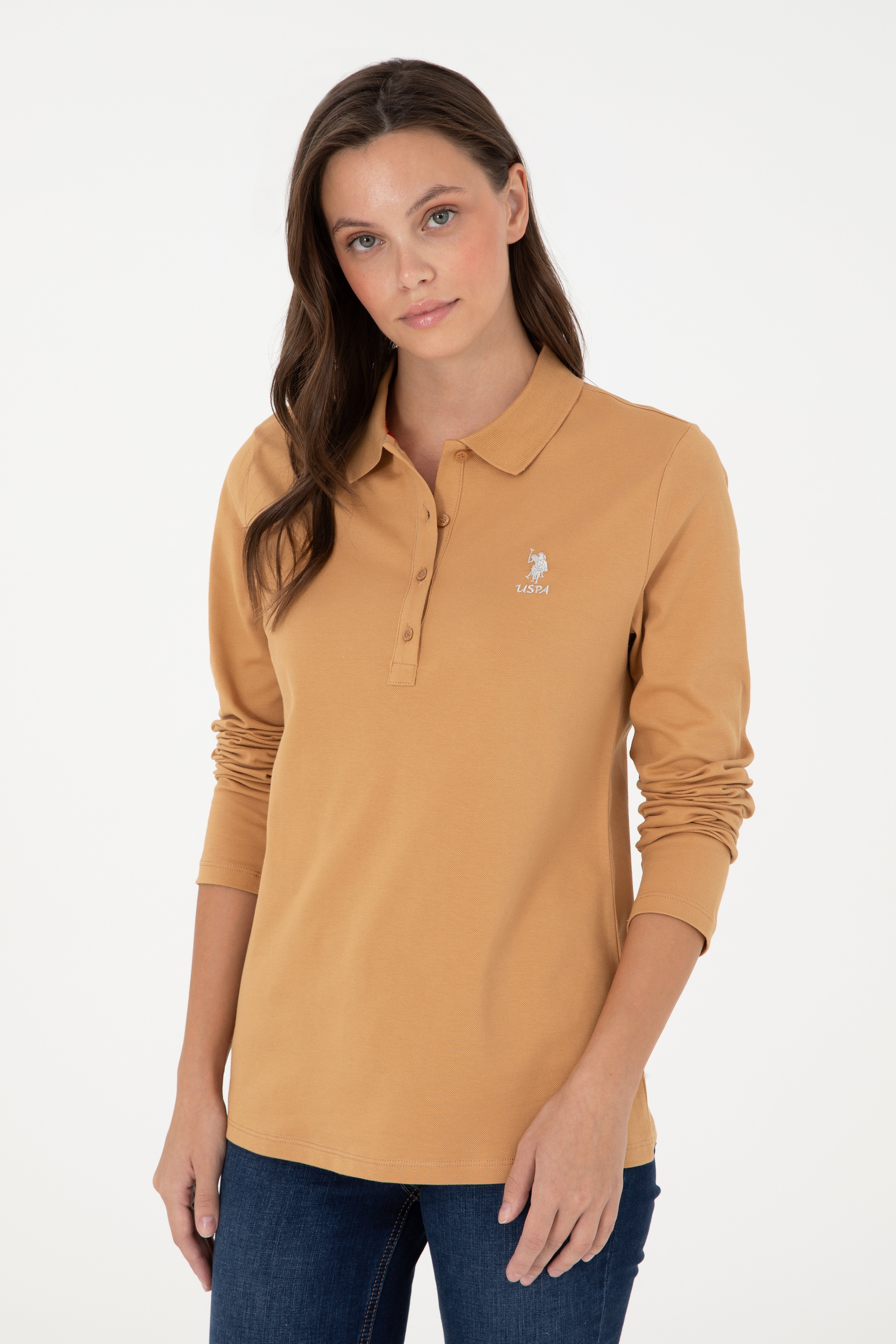 Kadın Camel Basic Polo Yaka Sweatshirt