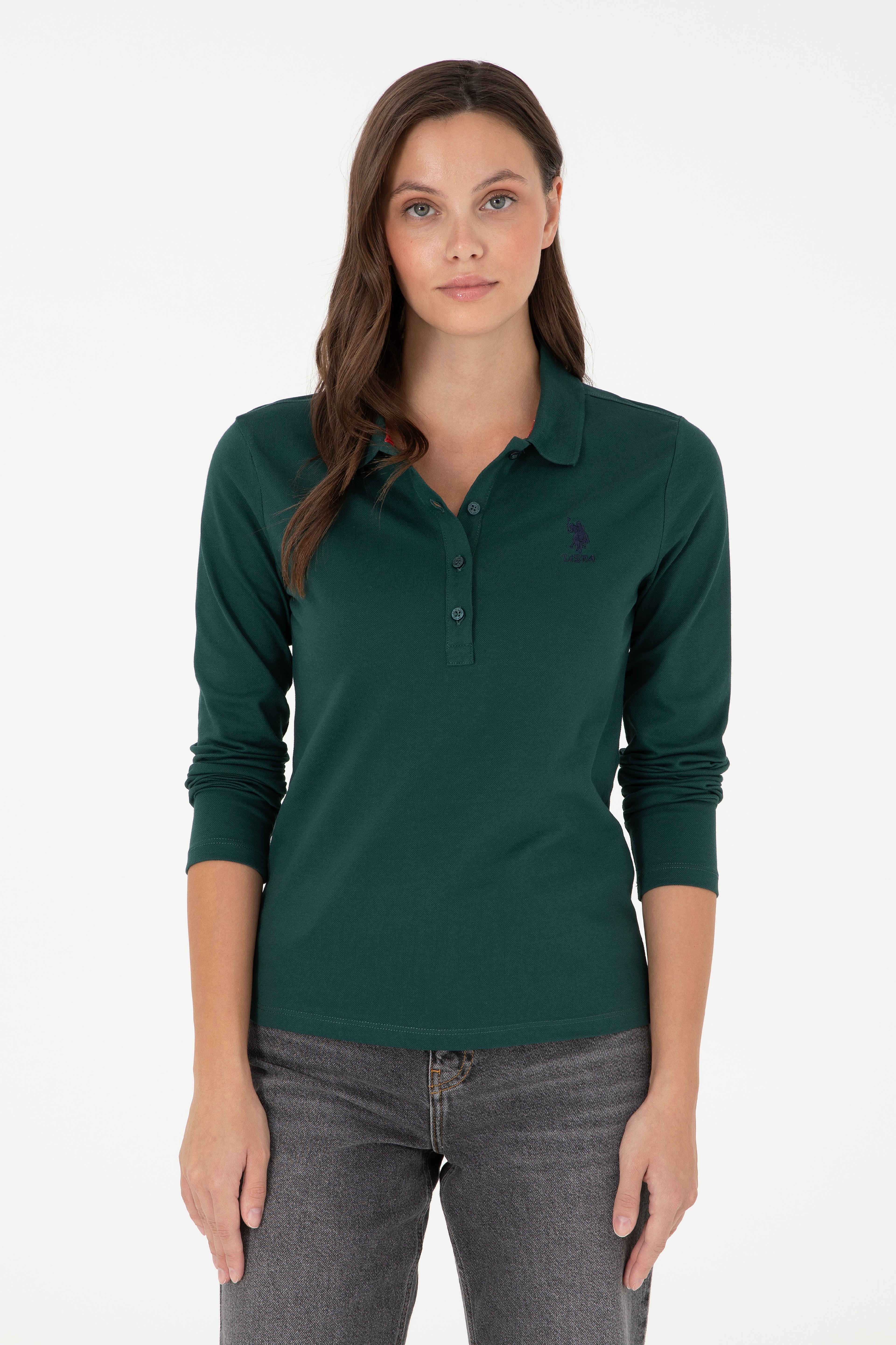 Kadın Koyu Yeşil Basic Polo Yaka Sweatshirt - Image 1