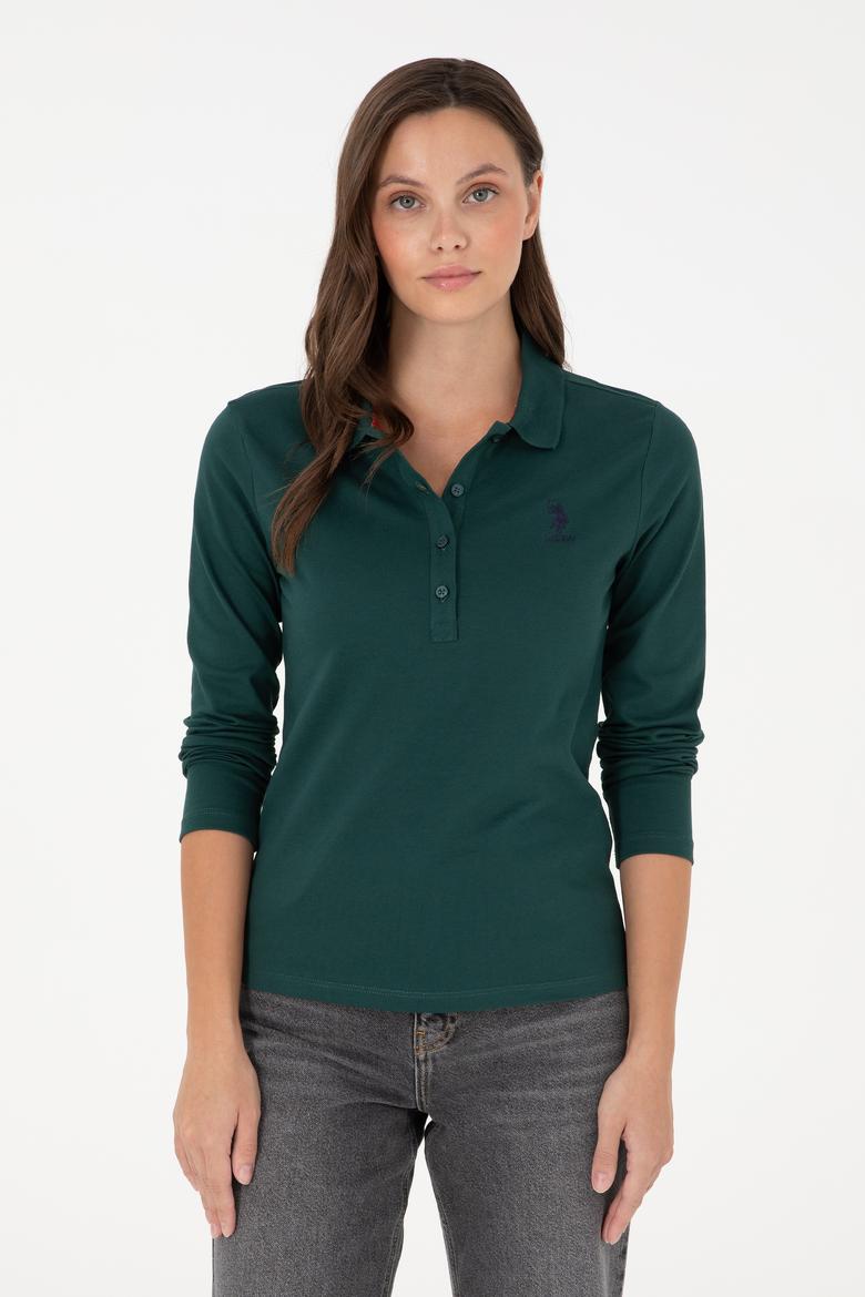 Kadın Koyu Yeşil Basic Polo Yaka Sweatshirt