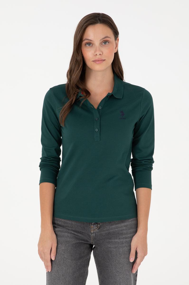 Kadın Koyu Yeşil Basic Polo Yaka Sweatshirt