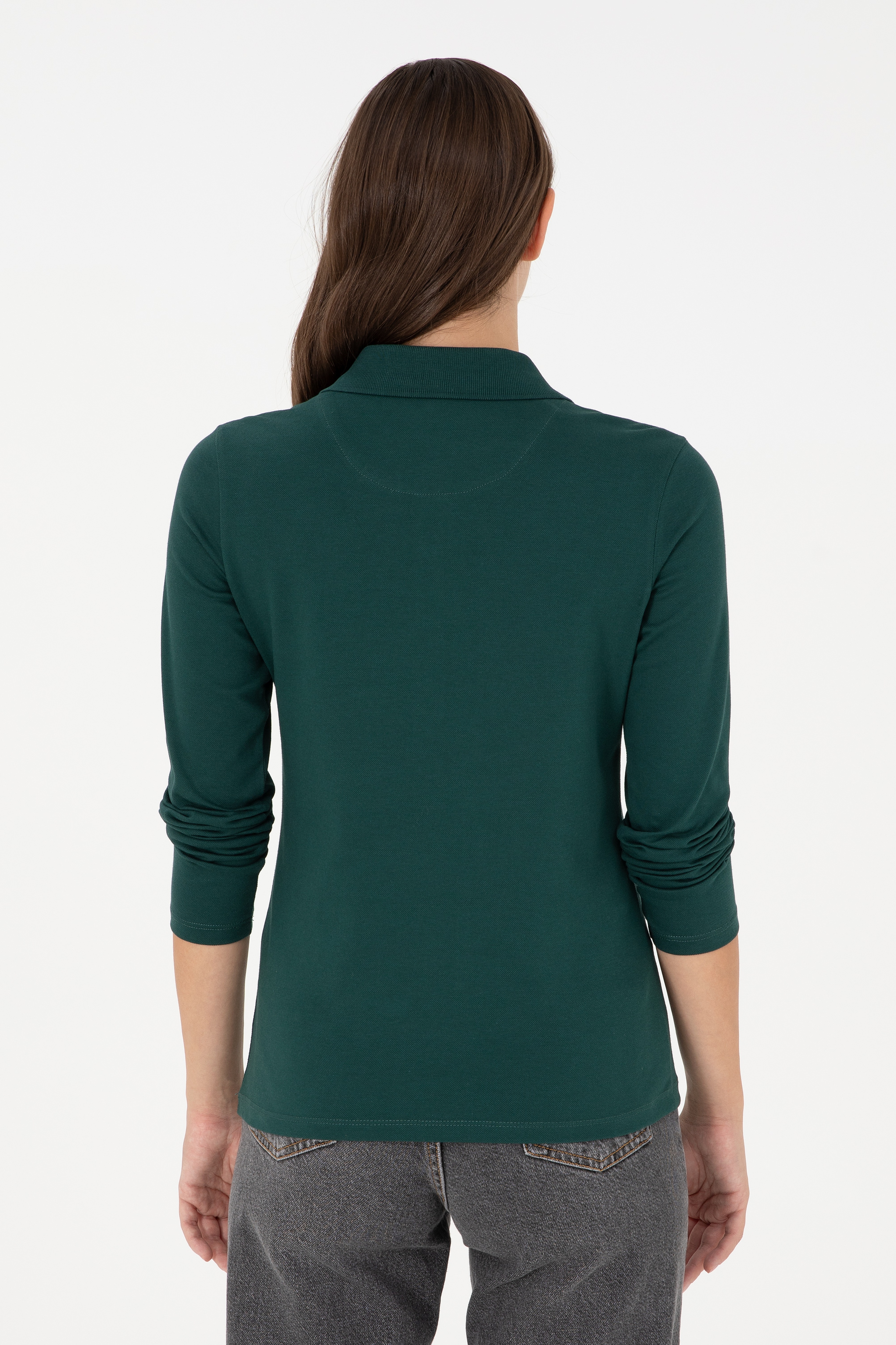 Kadın Koyu Yeşil Basic Polo Yaka Sweatshirt - Image 5