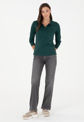 Kadın Koyu Yeşil Basic Polo Yaka Sweatshirt - 50289541237