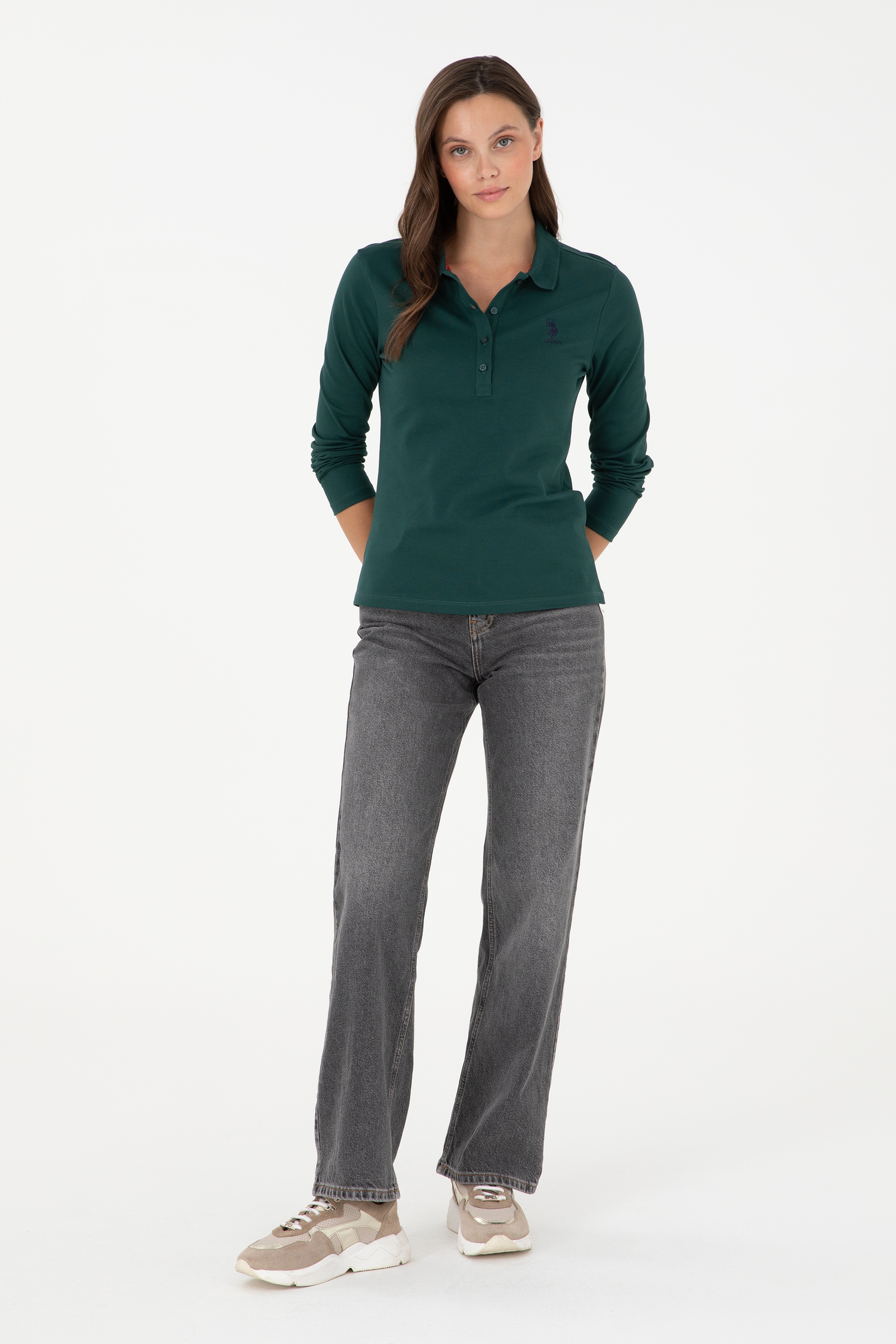 Kadın Koyu Yeşil Basic Polo Yaka Sweatshirt - Image 4