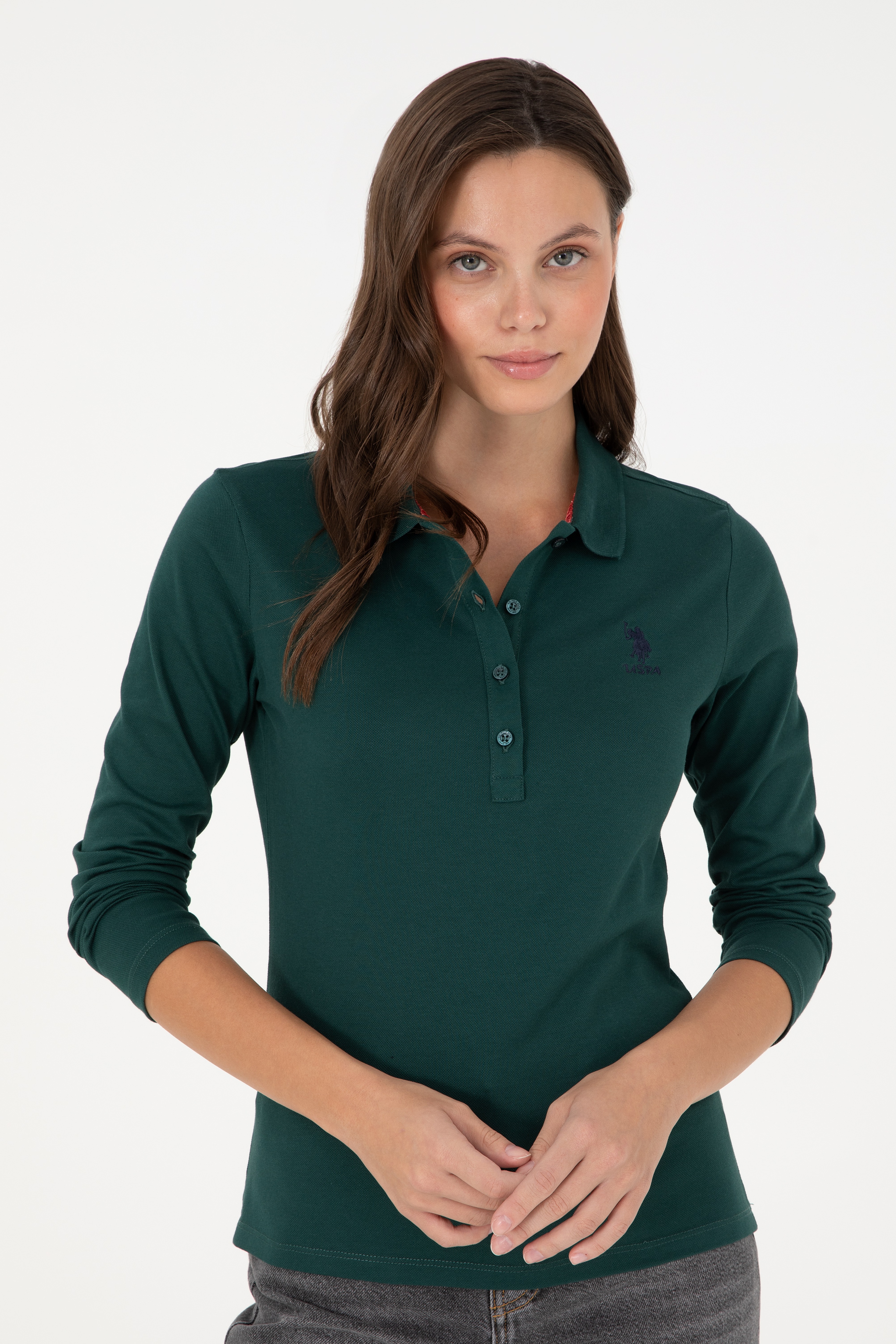 Kadın Koyu Yeşil Basic Polo Yaka Sweatshirt