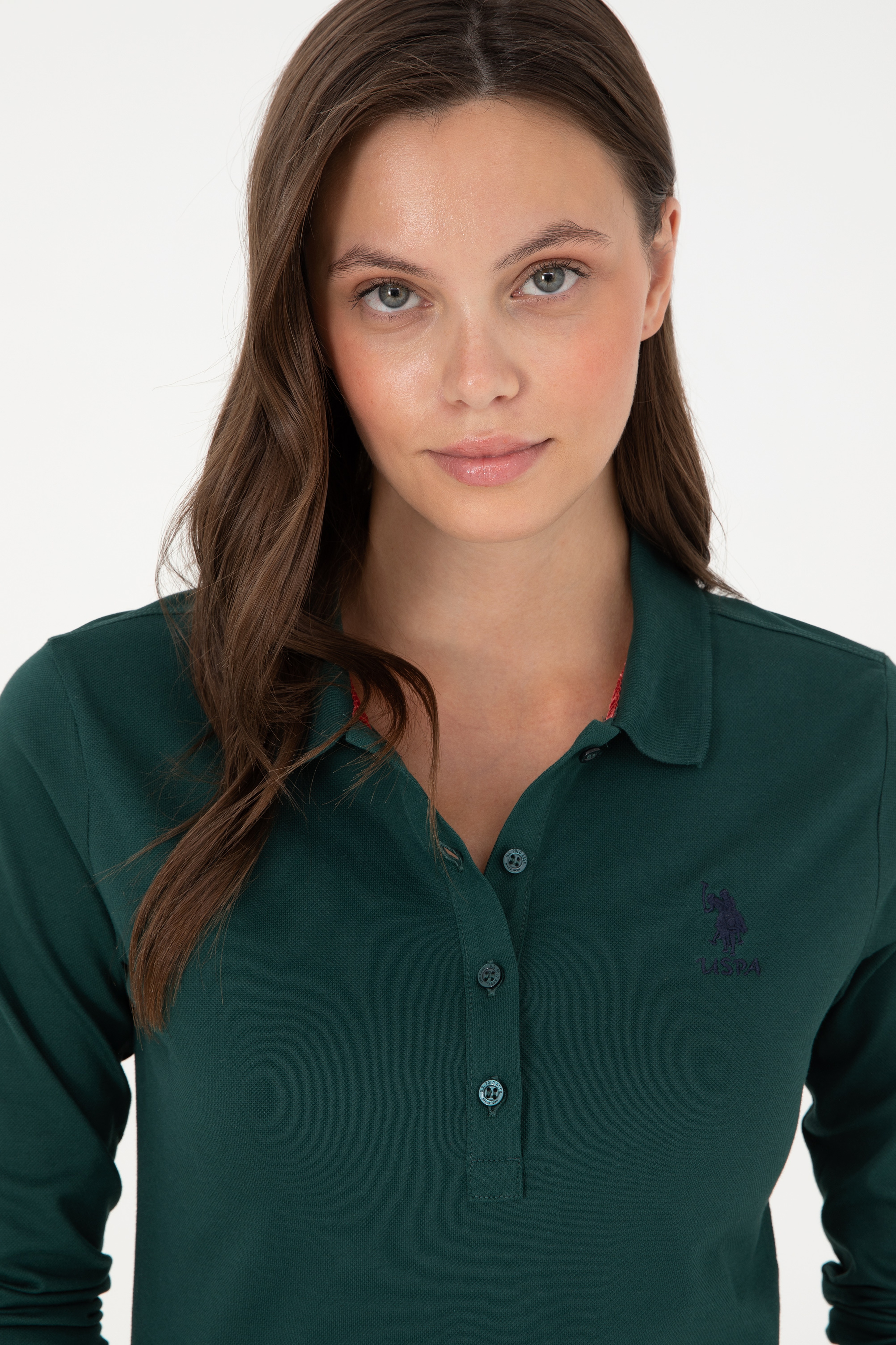 Kadın Koyu Yeşil Basic Polo Yaka Sweatshirt - Image 2