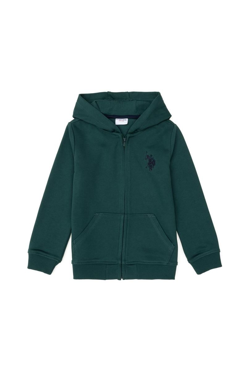 Erkek Çocuk Koyu Yeşil Basic Fermuarlı Sweatshirt