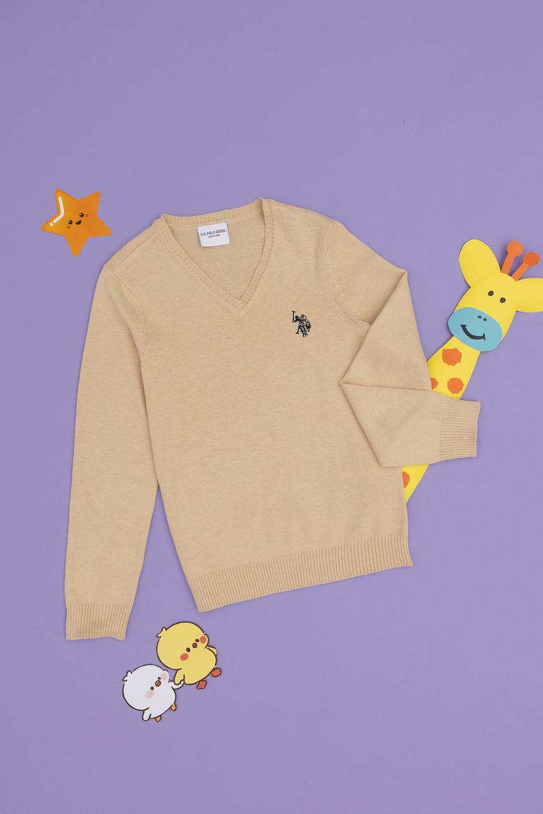 Erkek Çocuk Açık Haki Basic V Yaka Kazak