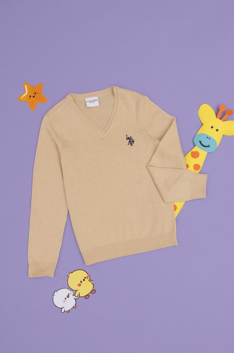 Erkek Çocuk Açık Haki Basic V Yaka Kazak