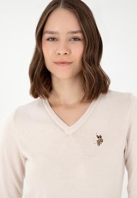 Kadın Krem Melanj Basic V Yaka Kazak - 50288983041