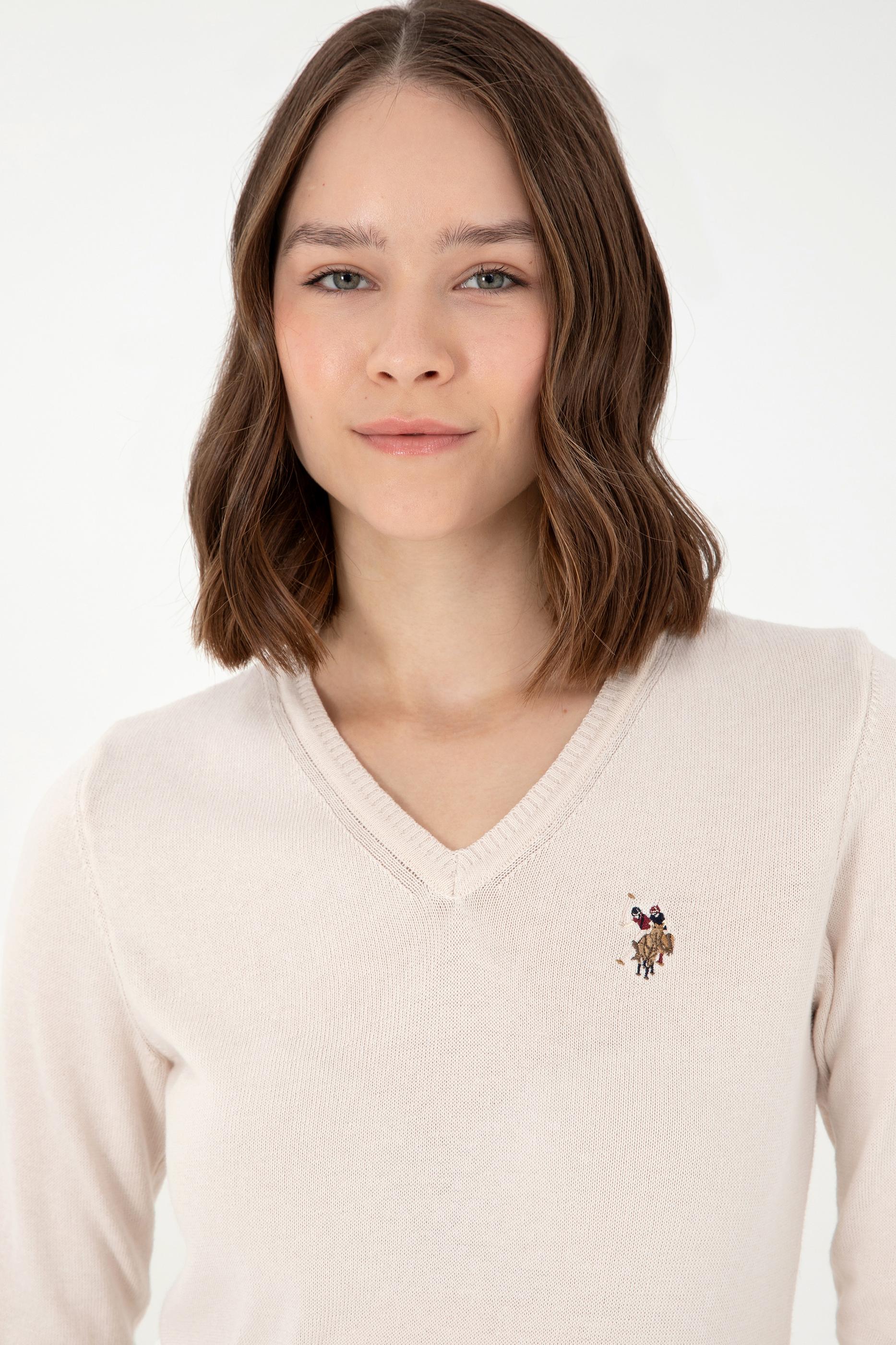 Kadın Krem Melanj Basic V Yaka Kazak