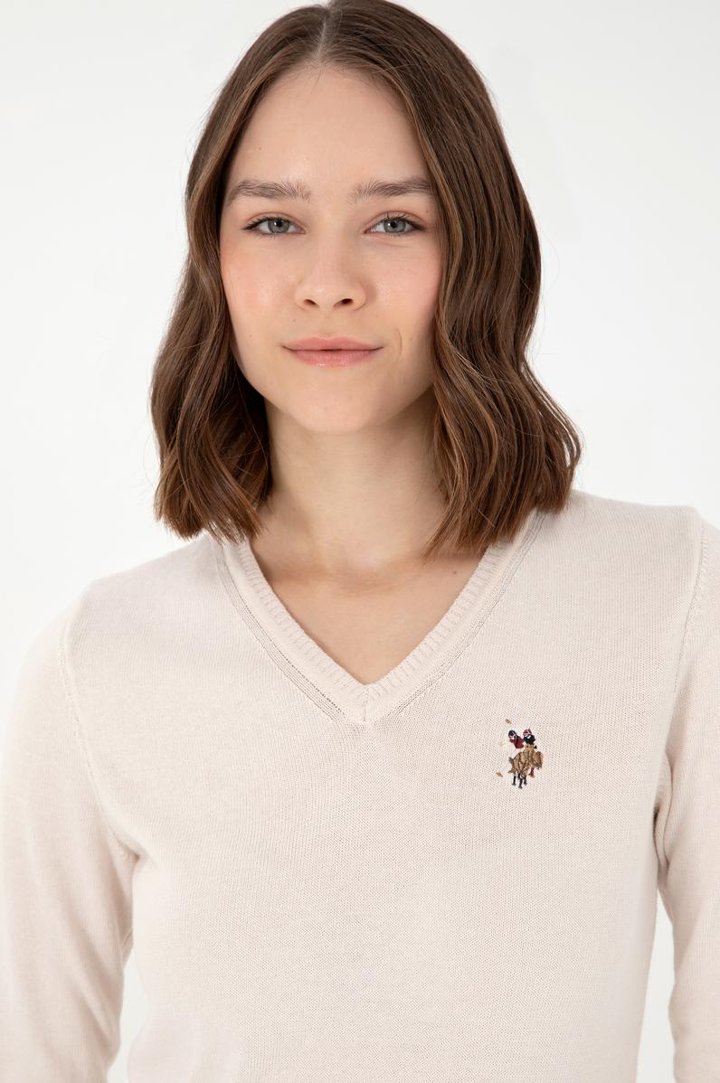 Kadın Krem Melanj Basic V Yaka Kazak