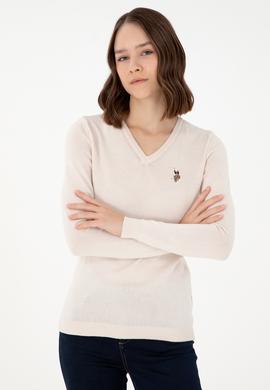 Kadın Krem Melanj Basic V Yaka Kazak - 50288983041