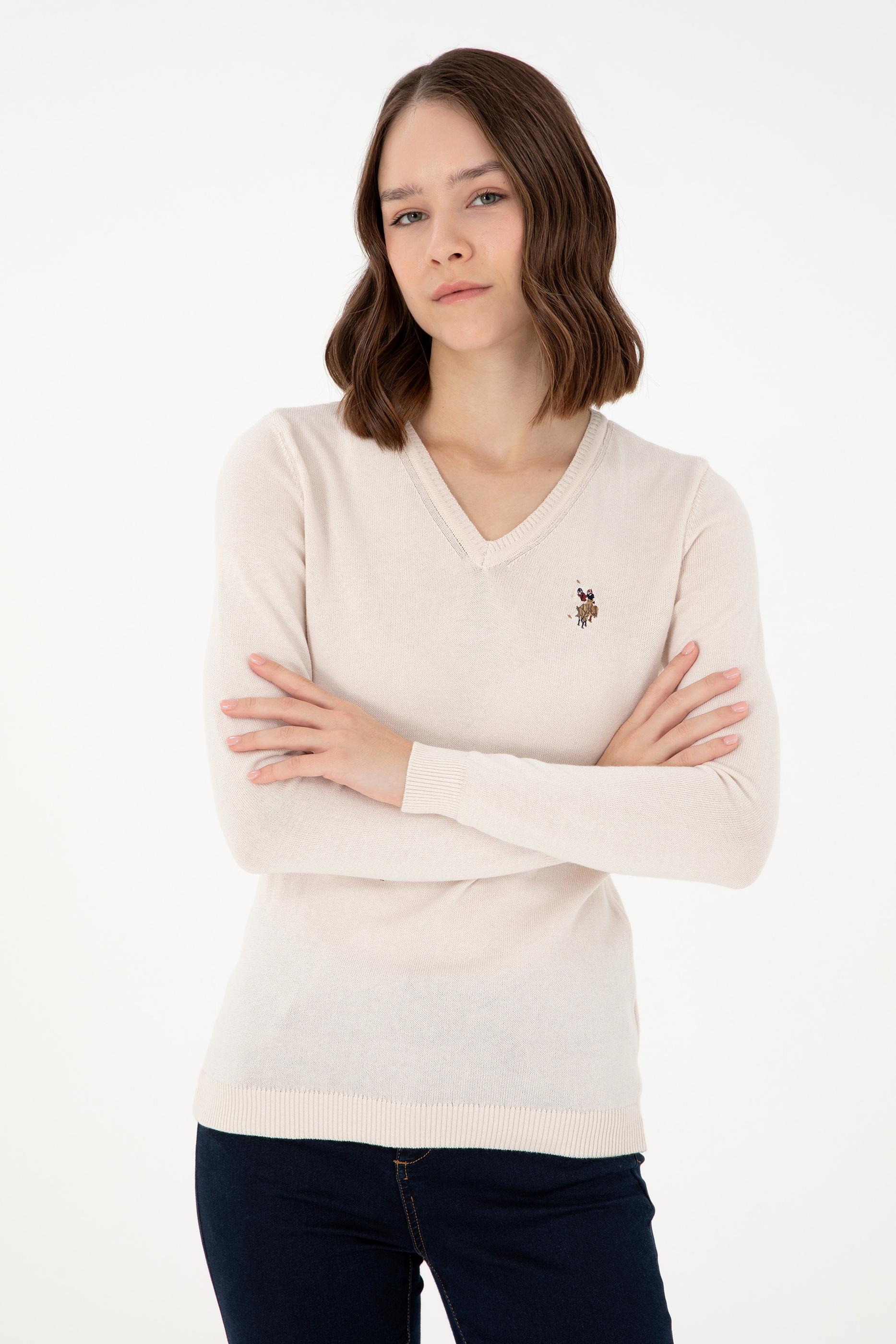 Kadın Krem Melanj Basic V Yaka Kazak