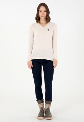 Kadın Krem Melanj Basic V Yaka Kazak - 50288983041