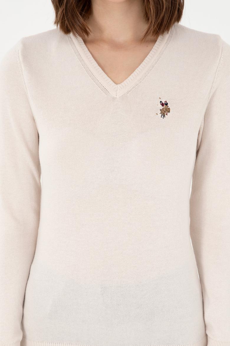 Kadın Krem Melanj Basic V Yaka Kazak - 50288983041