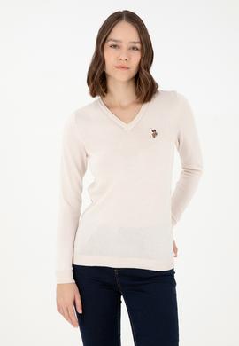 Kadın Krem Melanj Basic V Yaka Kazak - 50288983041