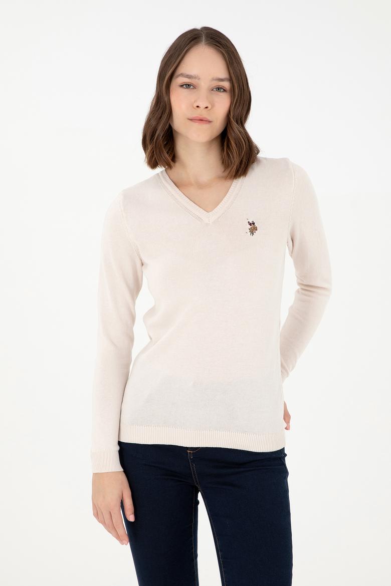 Kadın Krem Melanj Basic V Yaka Kazak