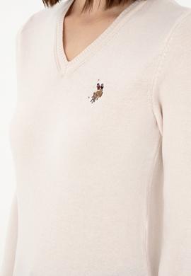 Kadın Krem Melanj Basic V Yaka Kazak - 50288983041