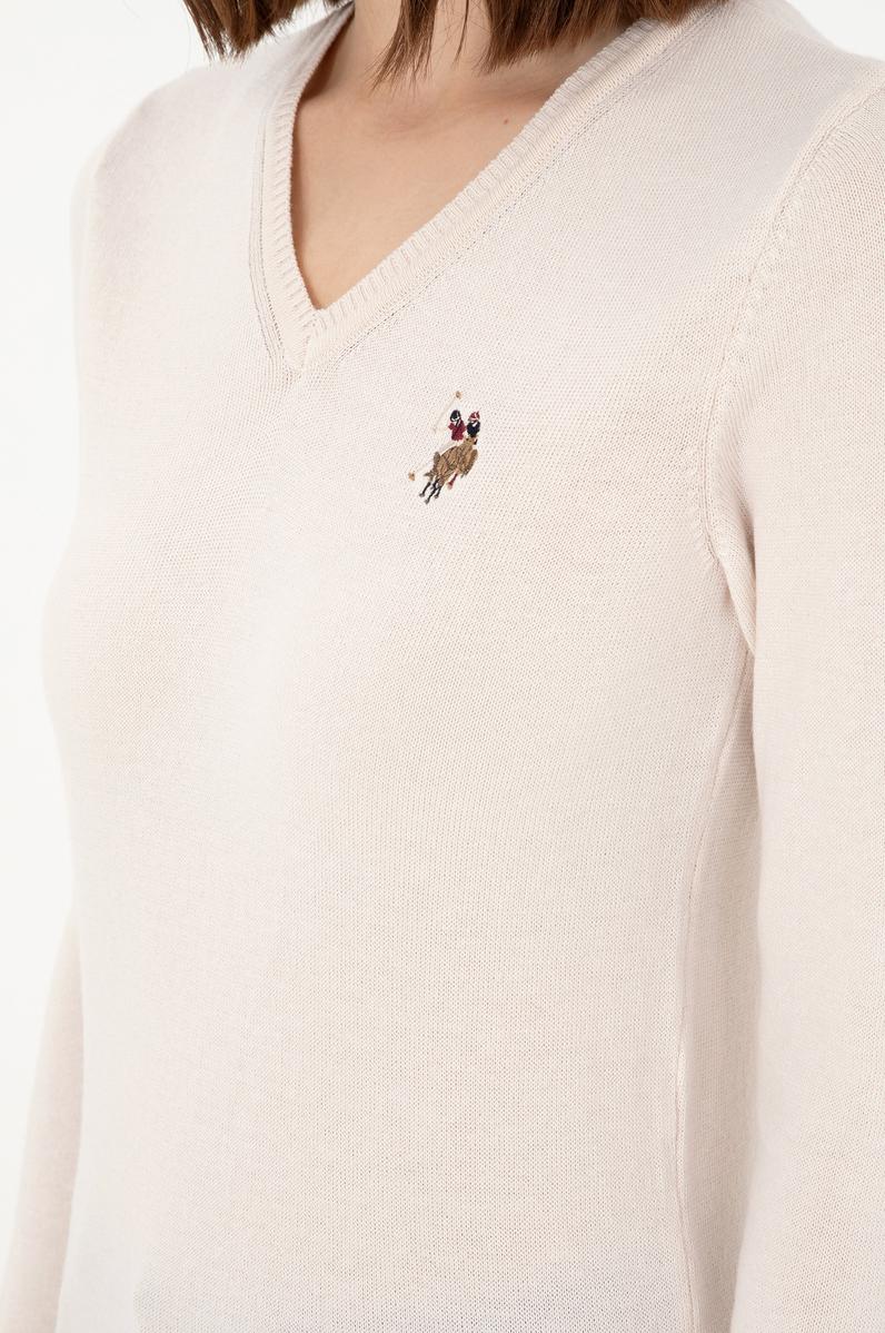 Kadın Krem Melanj Basic V Yaka Kazak