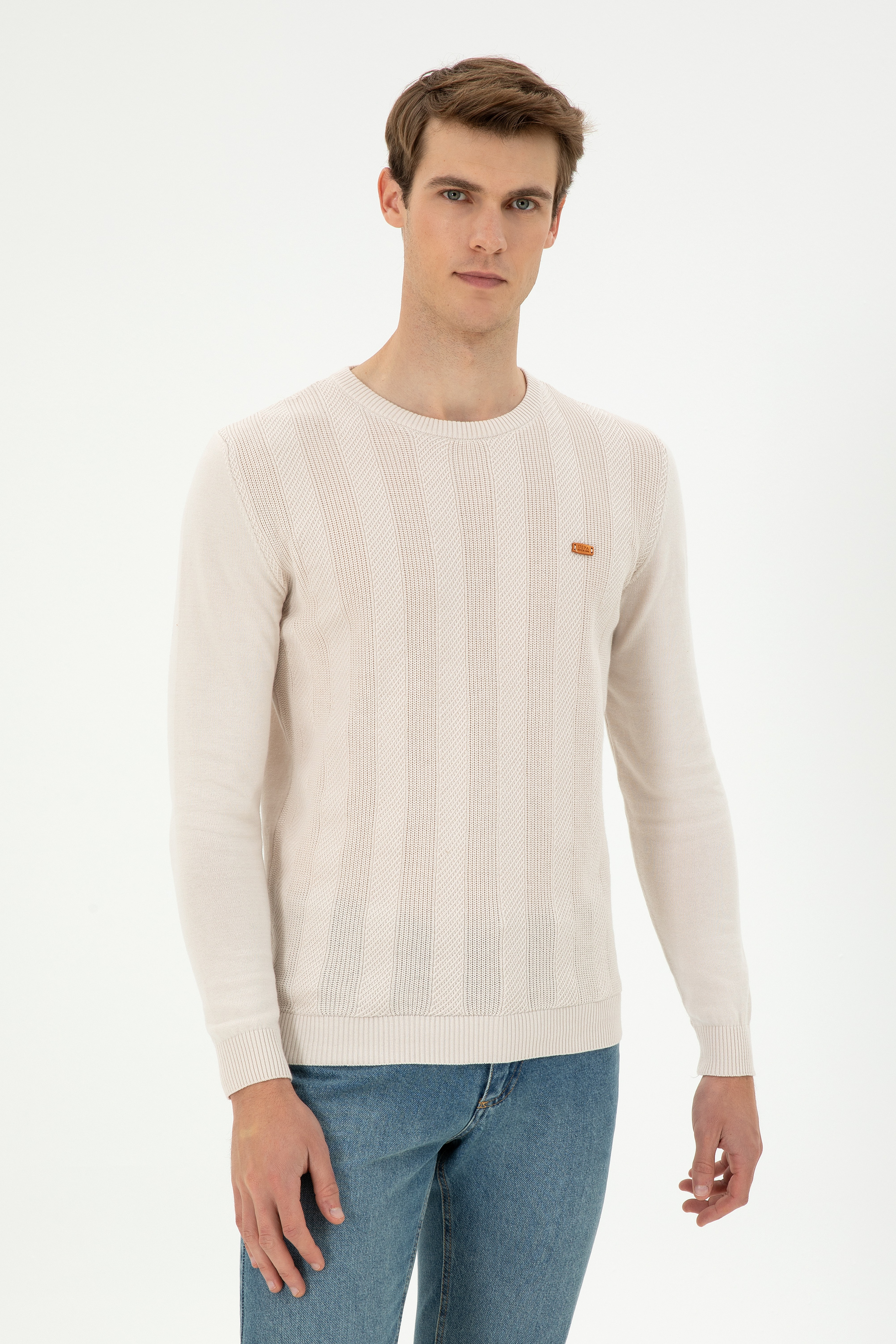 Erkek Slim Fit Bisiklet Yaka Krem Kazak - Image 1