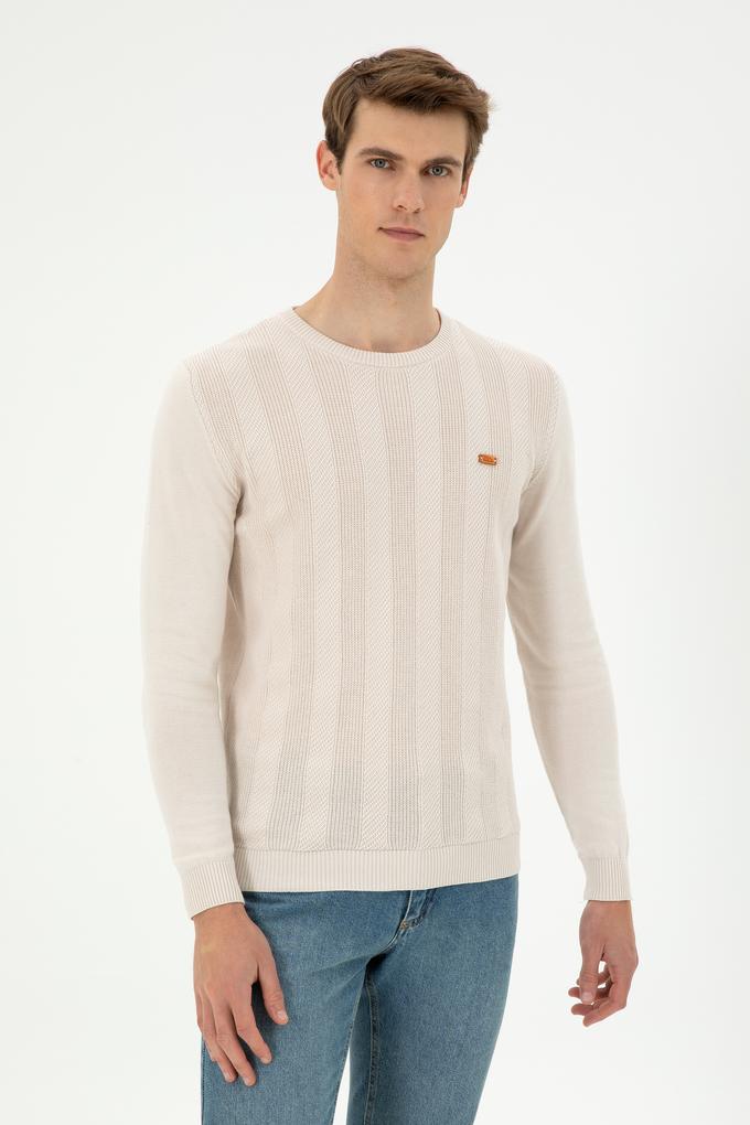 Erkek Slim Fit Bisiklet Yaka Krem Kazak