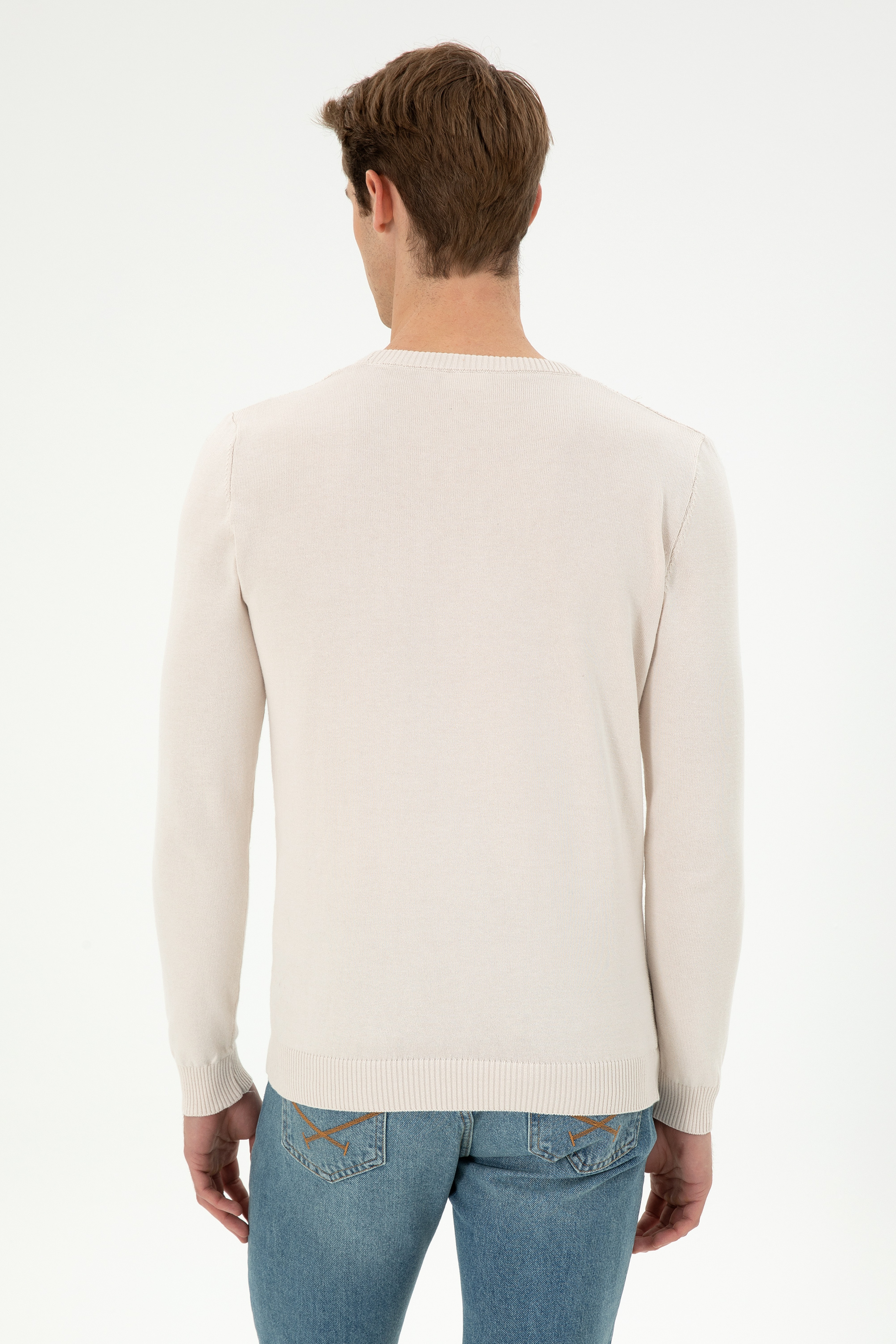 Erkek Slim Fit Bisiklet Yaka Krem Kazak - Image 5