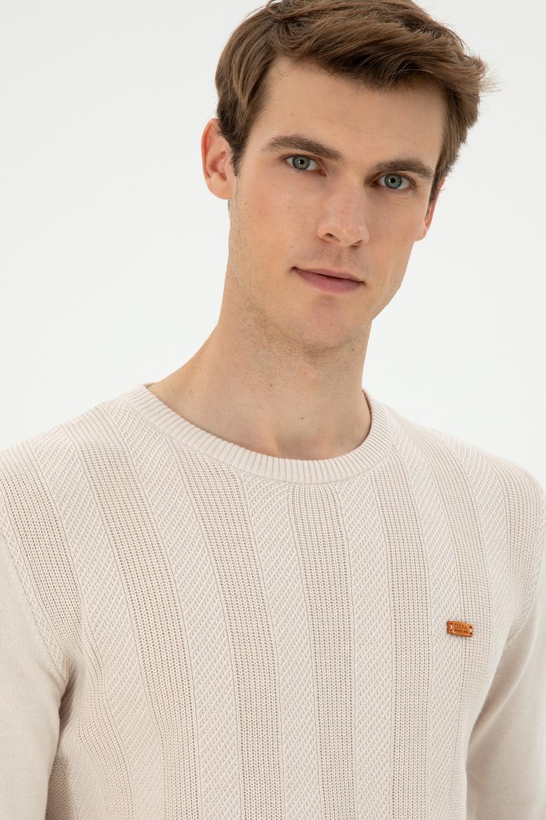 Erkek Slim Fit Bisiklet Yaka Krem Kazak - 50293042007