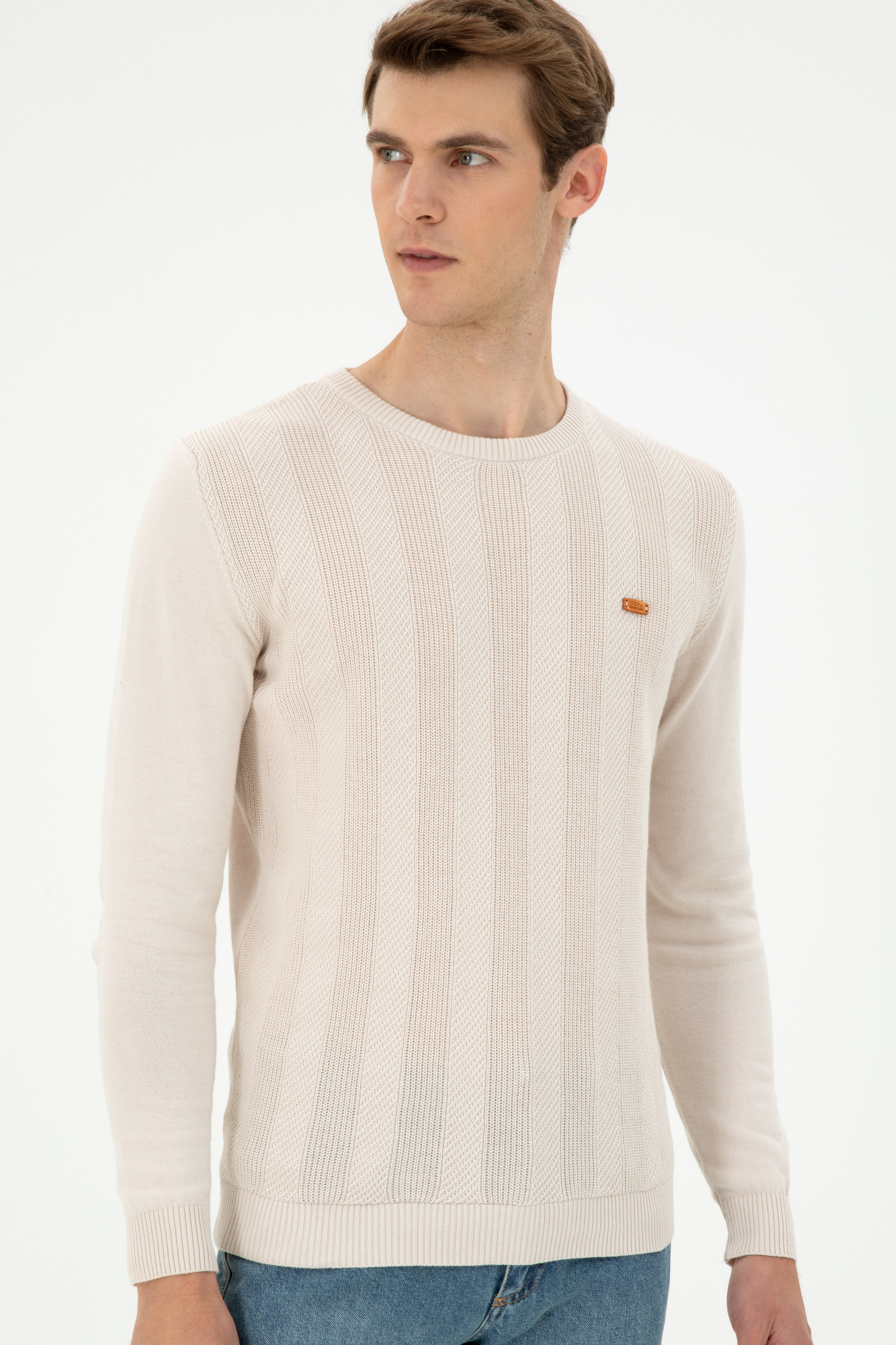 Erkek Slim Fit Bisiklet Yaka Krem Kazak - Image 3