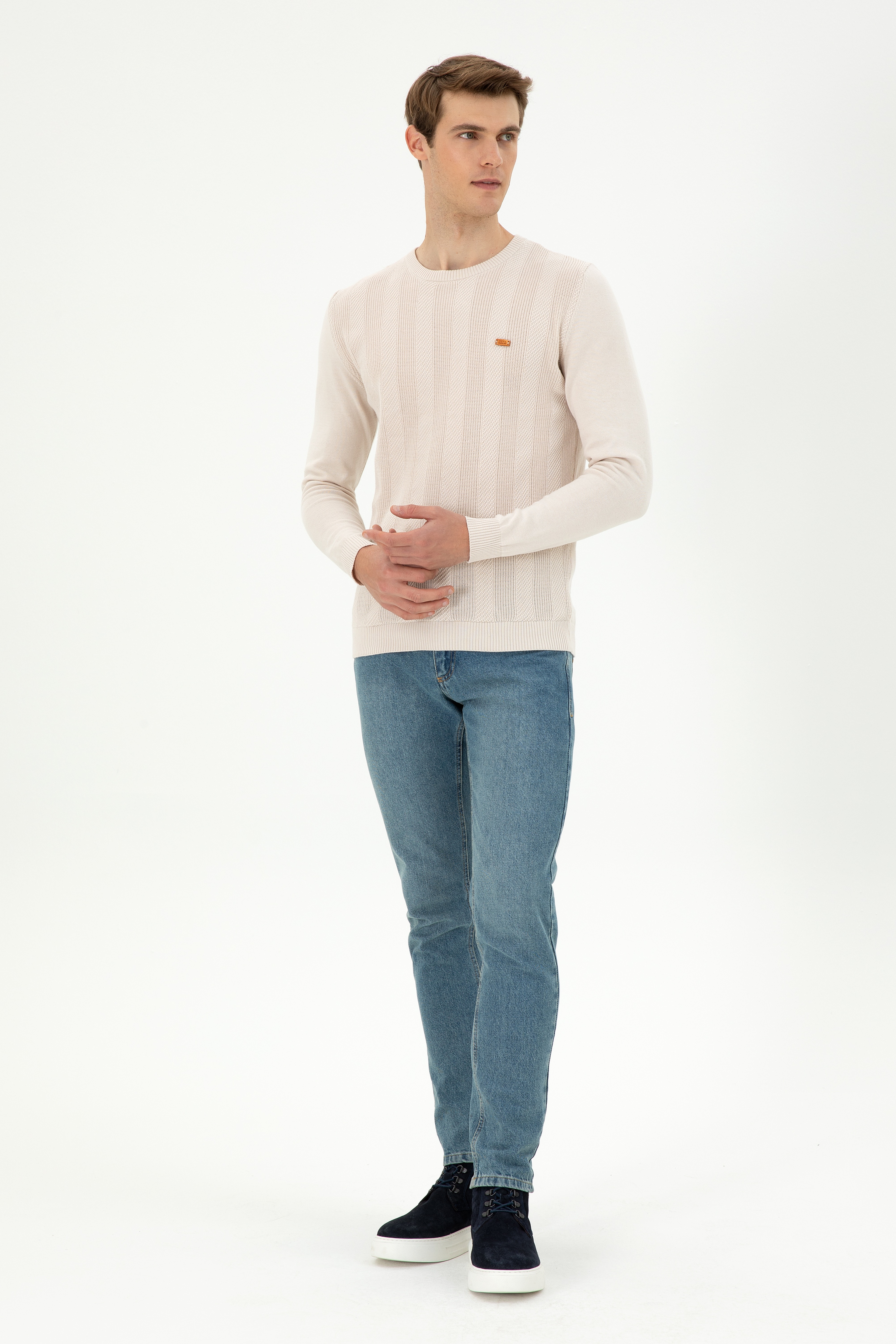 Erkek Slim Fit Bisiklet Yaka Krem Kazak - Image 4