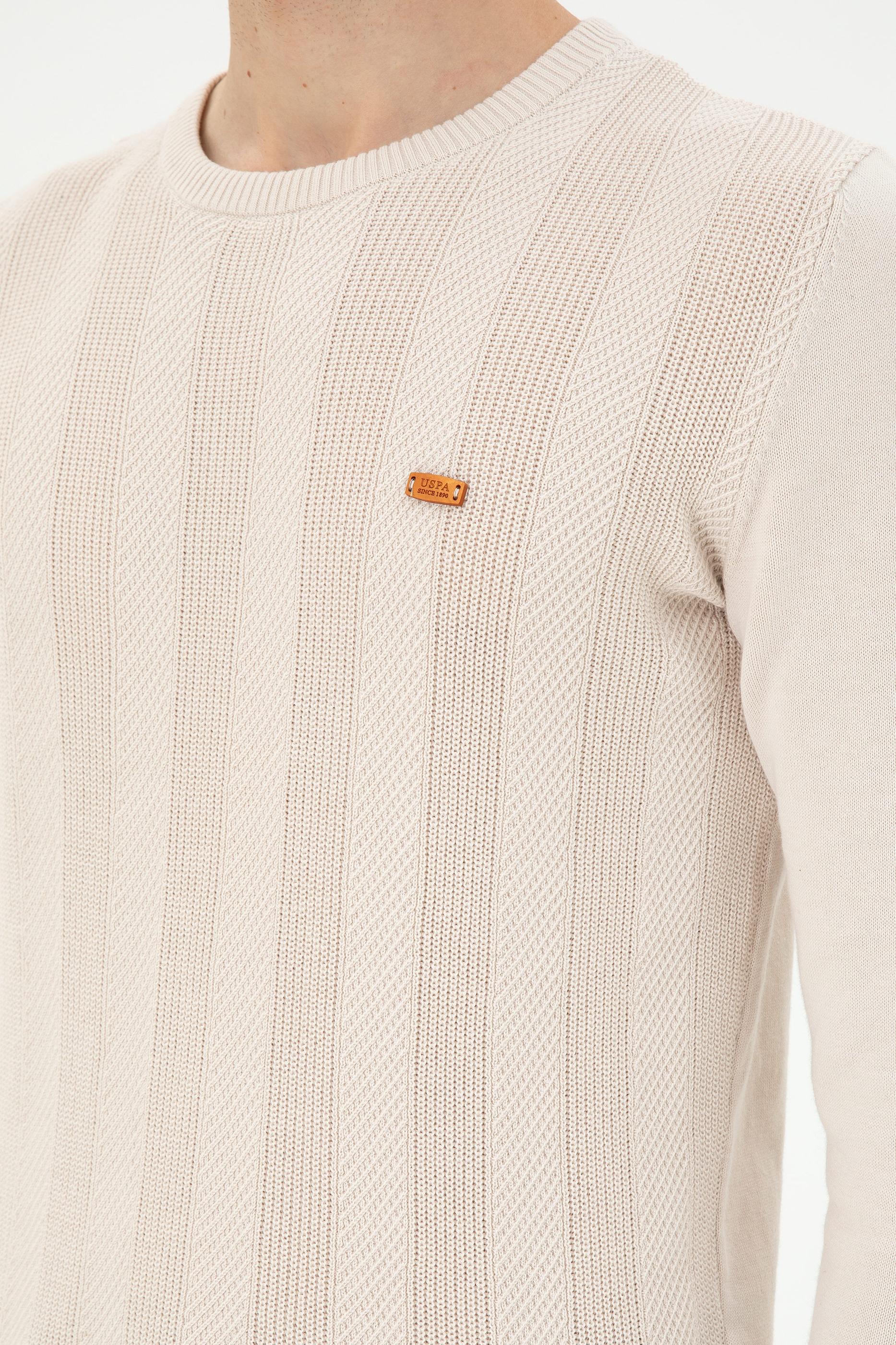 Erkek Slim Fit Bisiklet Yaka Krem Kazak