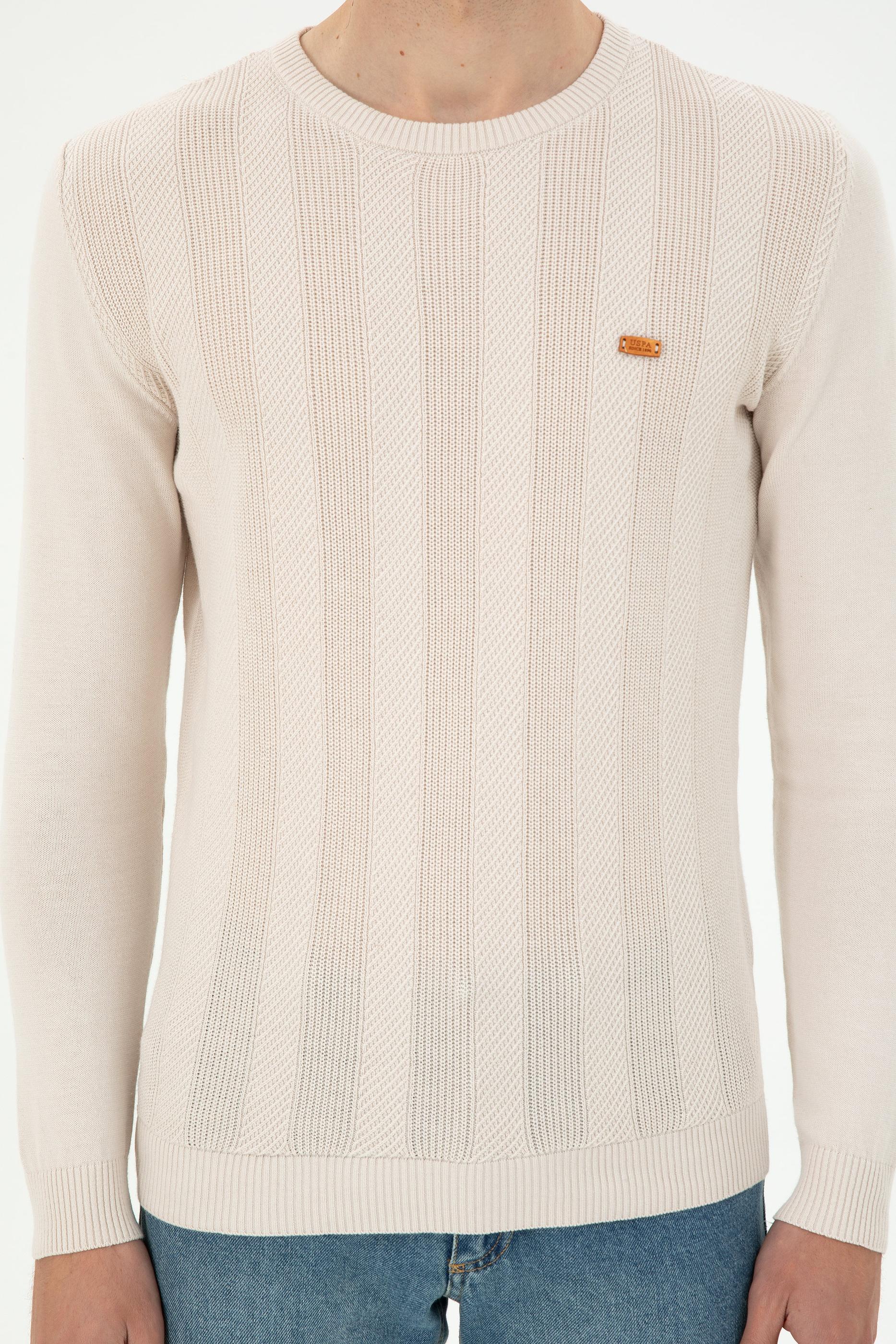 Erkek Slim Fit Bisiklet Yaka Krem Kazak