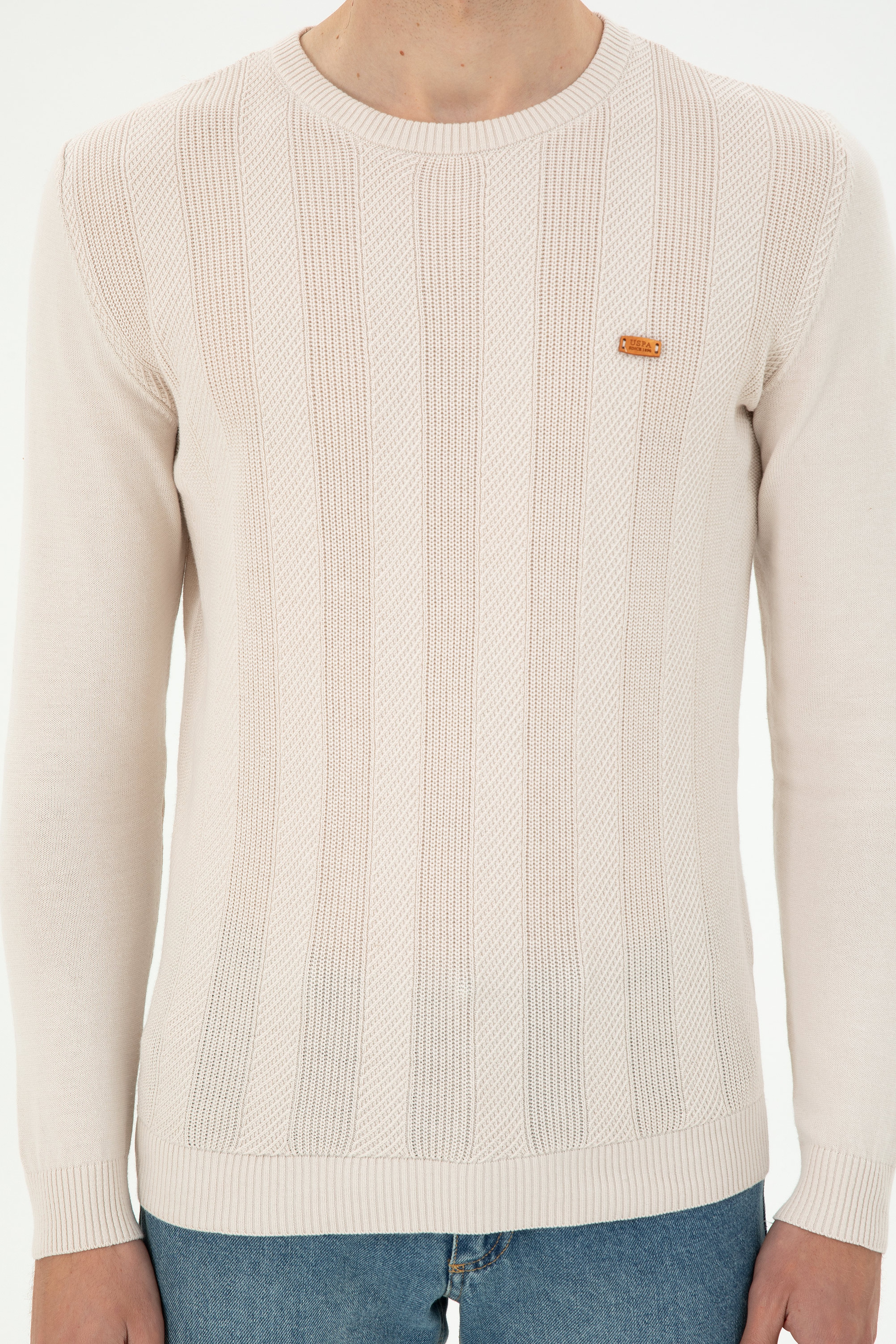 Erkek Slim Fit Bisiklet Yaka Krem Kazak