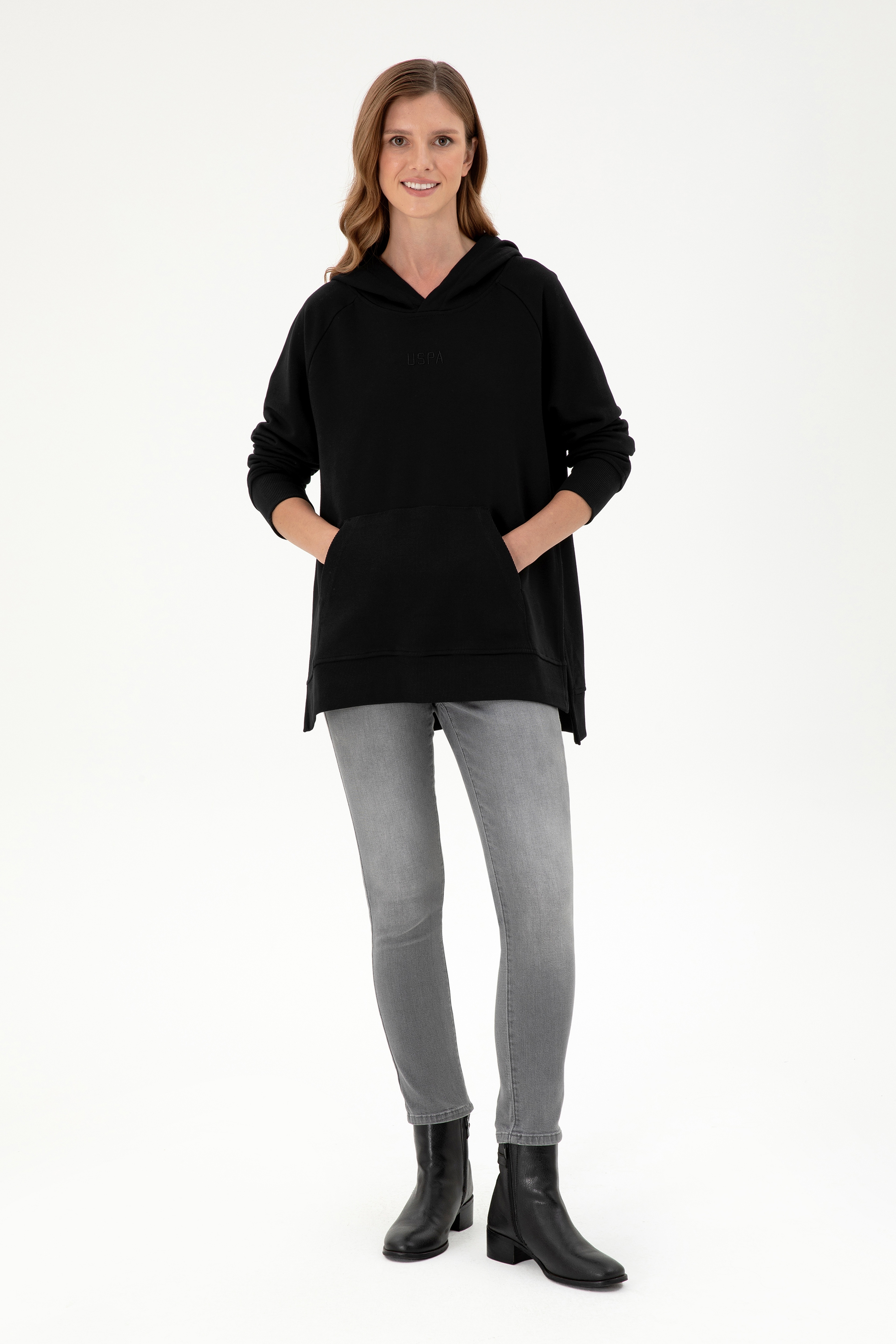 Kadın Siyah Kapüşonlu Sweatshirt - Image 4