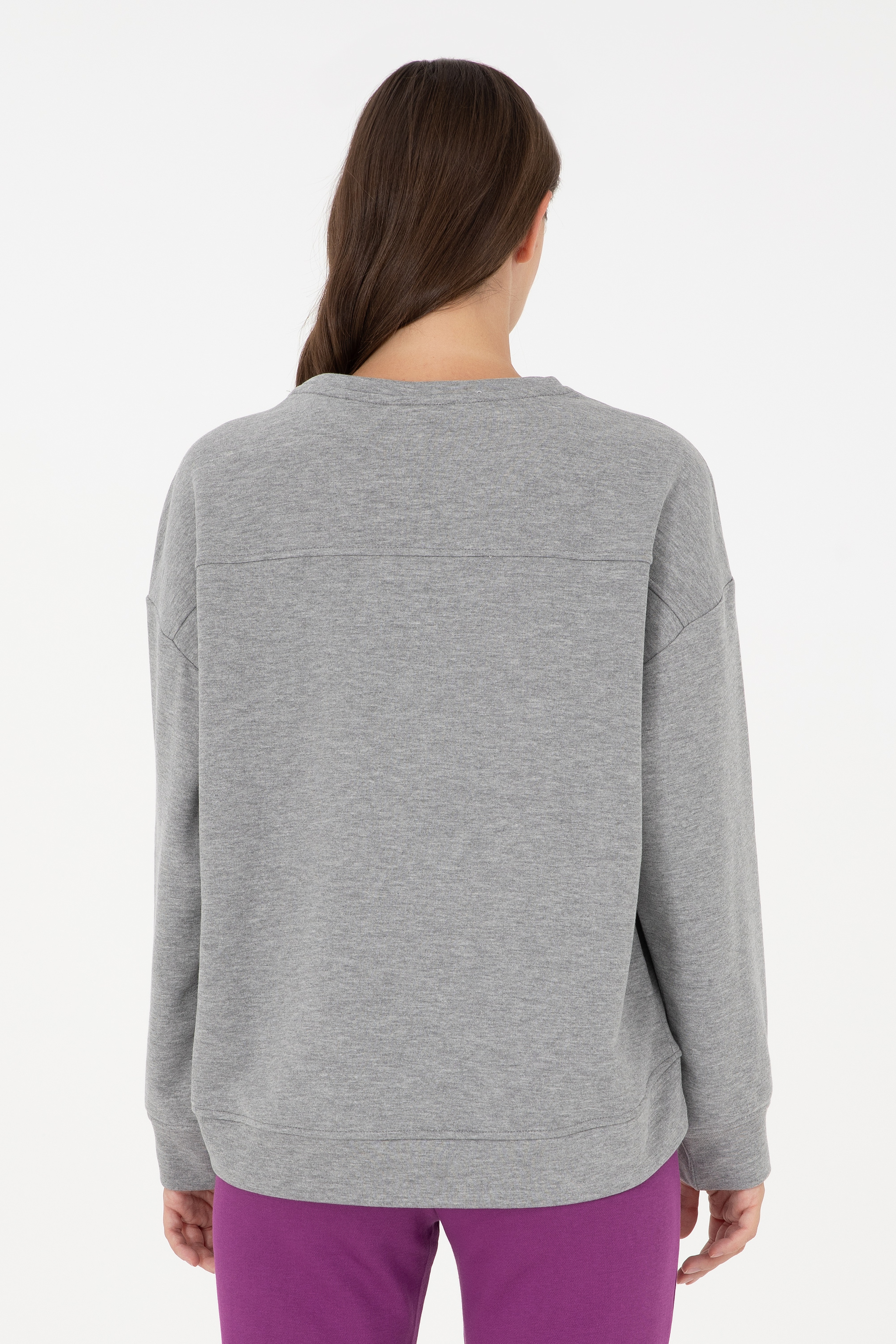 Kadın Gri Melanj Basic Bisiklet Yaka Sweatshirt - Image 5
