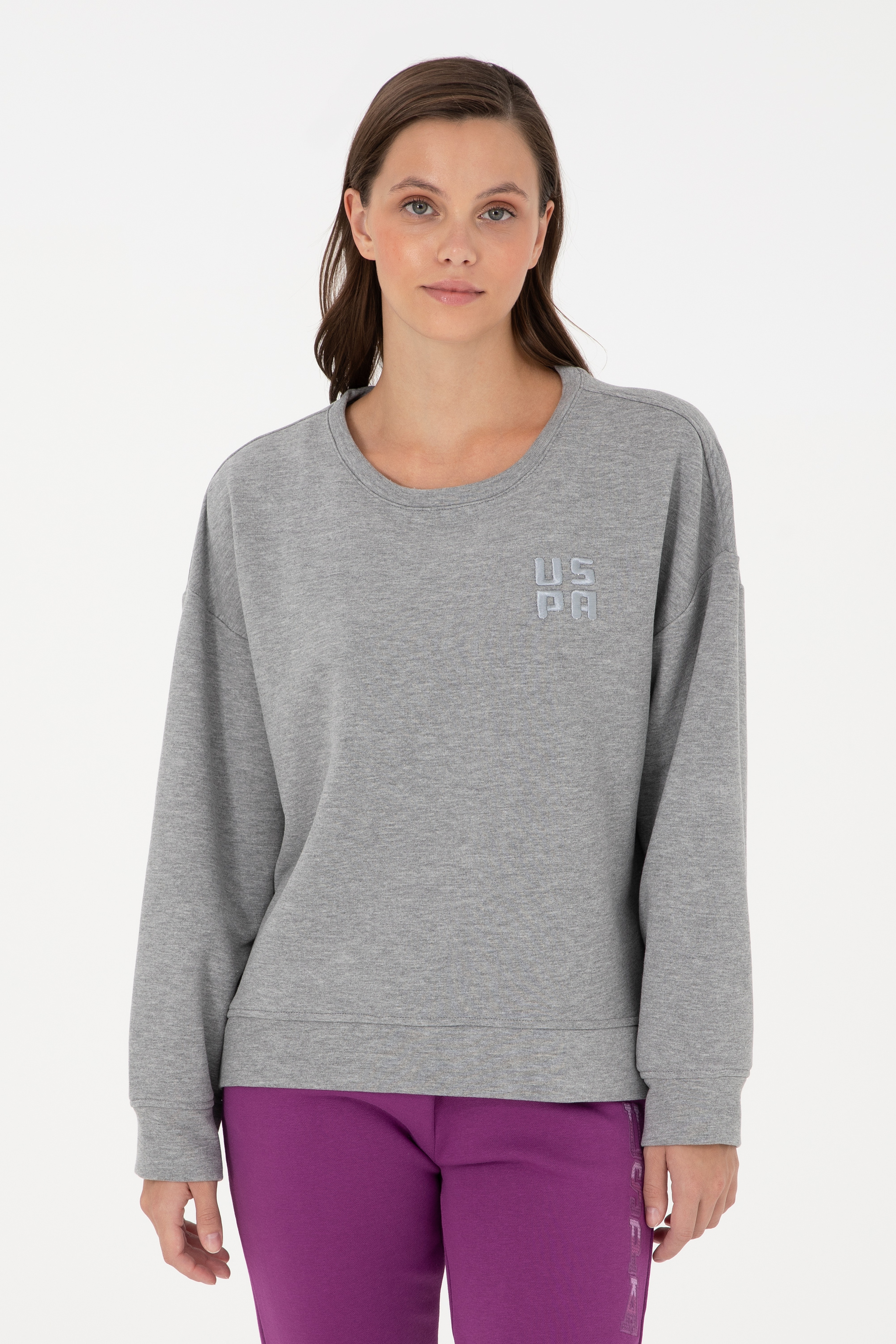 Kadın Gri Melanj Basic Bisiklet Yaka Sweatshirt
