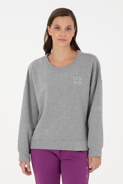 Kadın Gri Melanj Basic Bisiklet Yaka Sweatshirt
