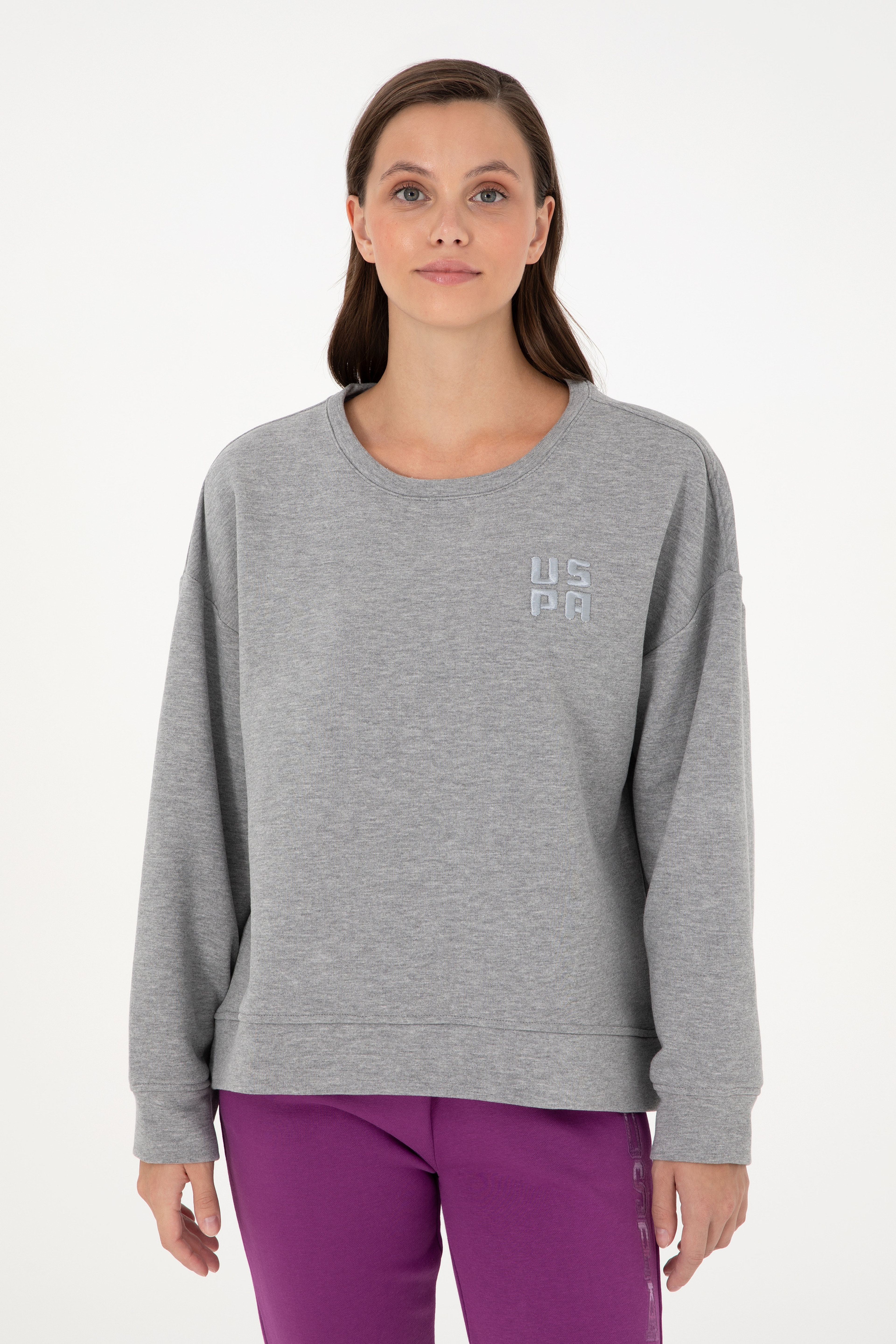 Kadın Gri Melanj Basic Bisiklet Yaka Sweatshirt