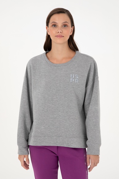Kadın Gri Melanj Basic Bisiklet Yaka Sweatshirt