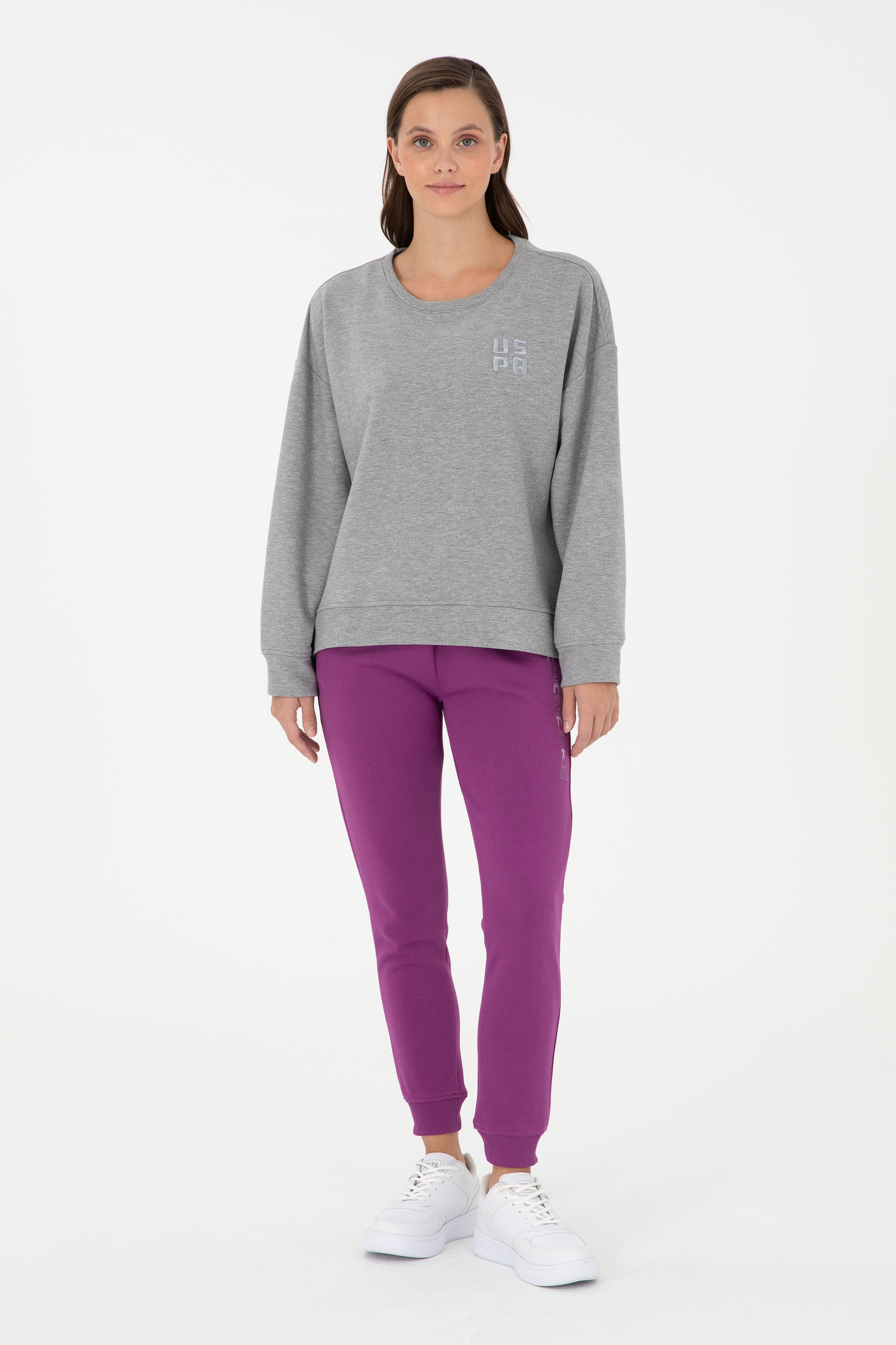 Kadın Gri Melanj Basic Bisiklet Yaka Sweatshirt