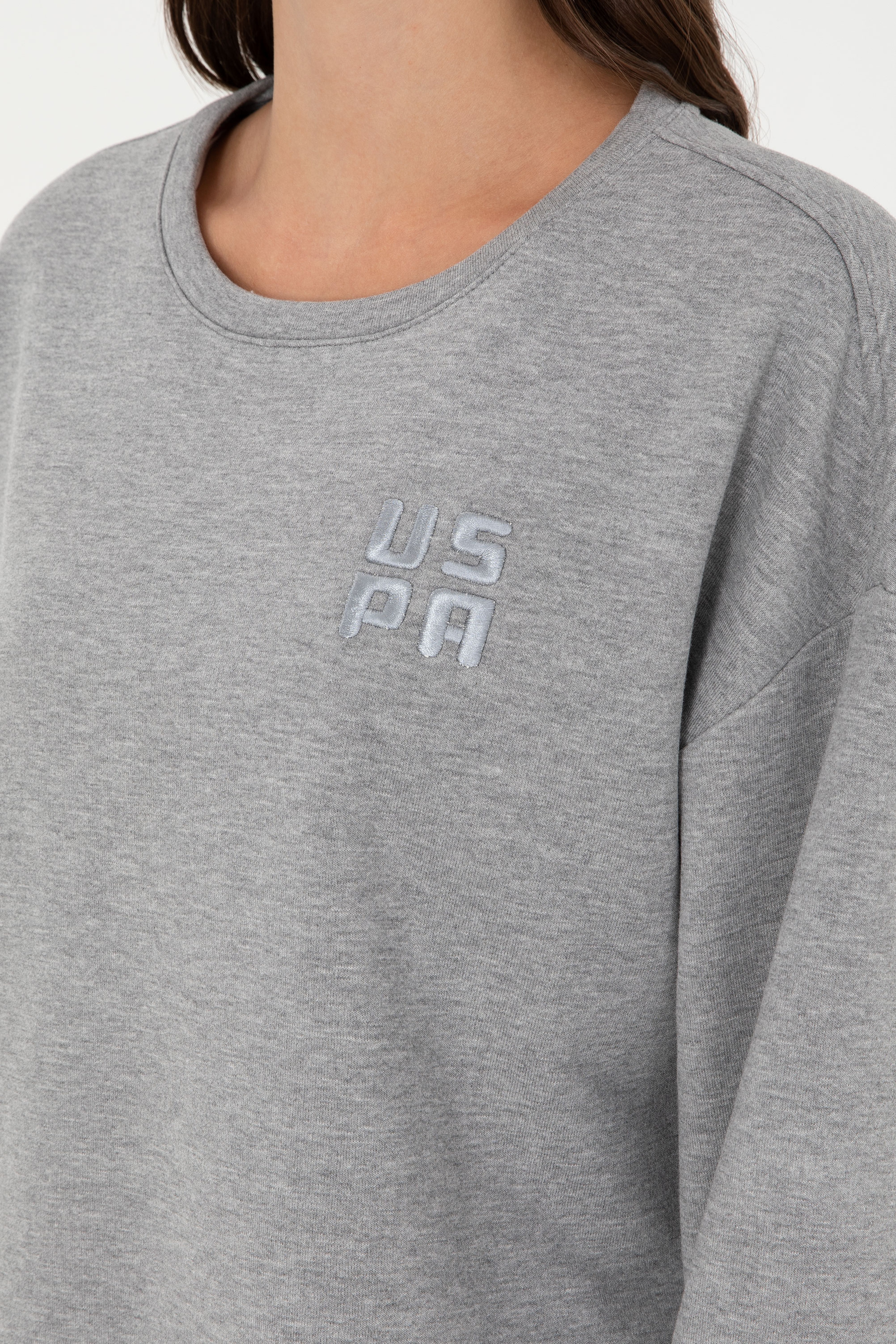 Kadın Gri Melanj Basic Bisiklet Yaka Sweatshirt - Image 7