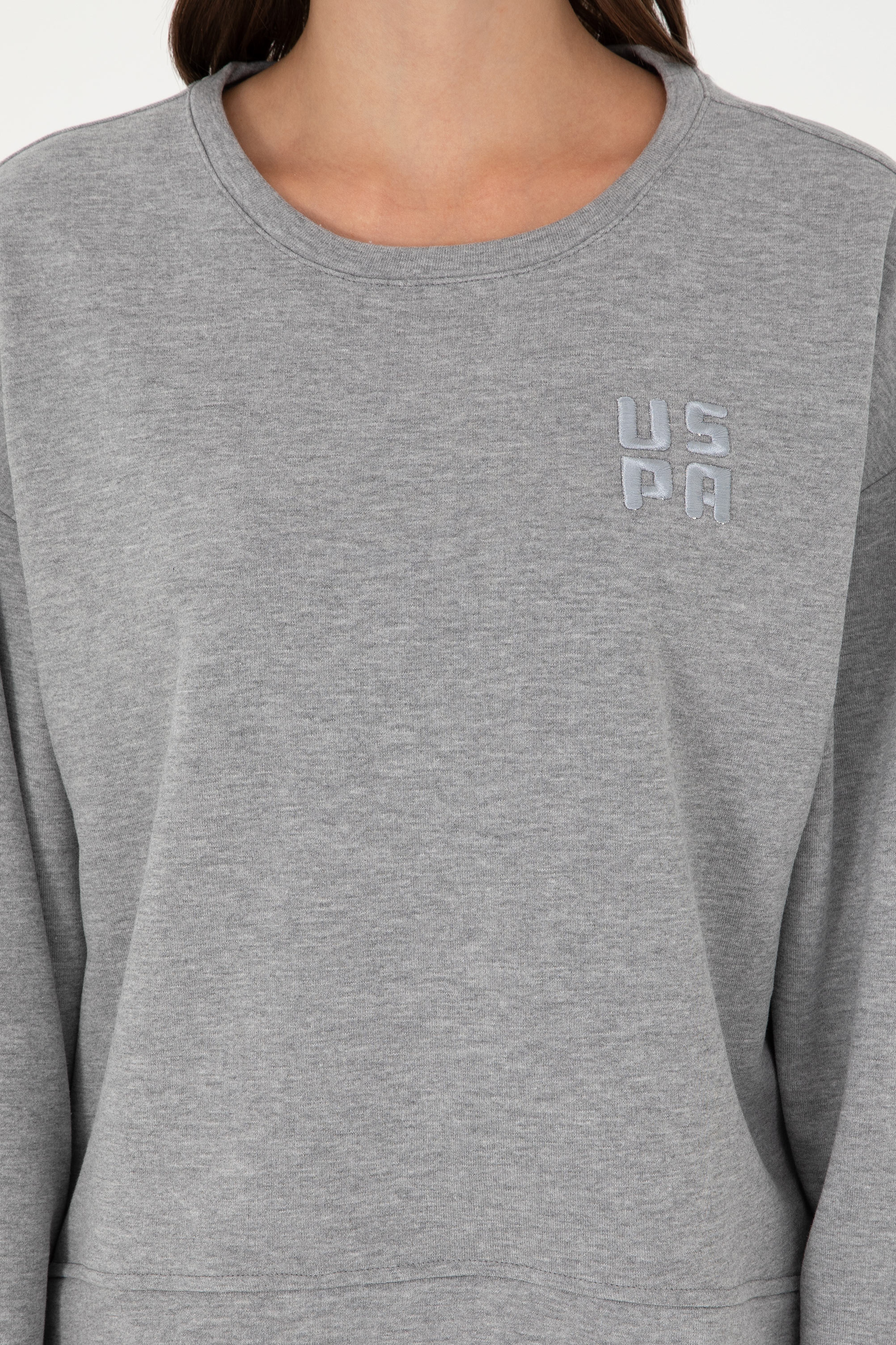 Kadın Gri Melanj Basic Bisiklet Yaka Sweatshirt - Image 6