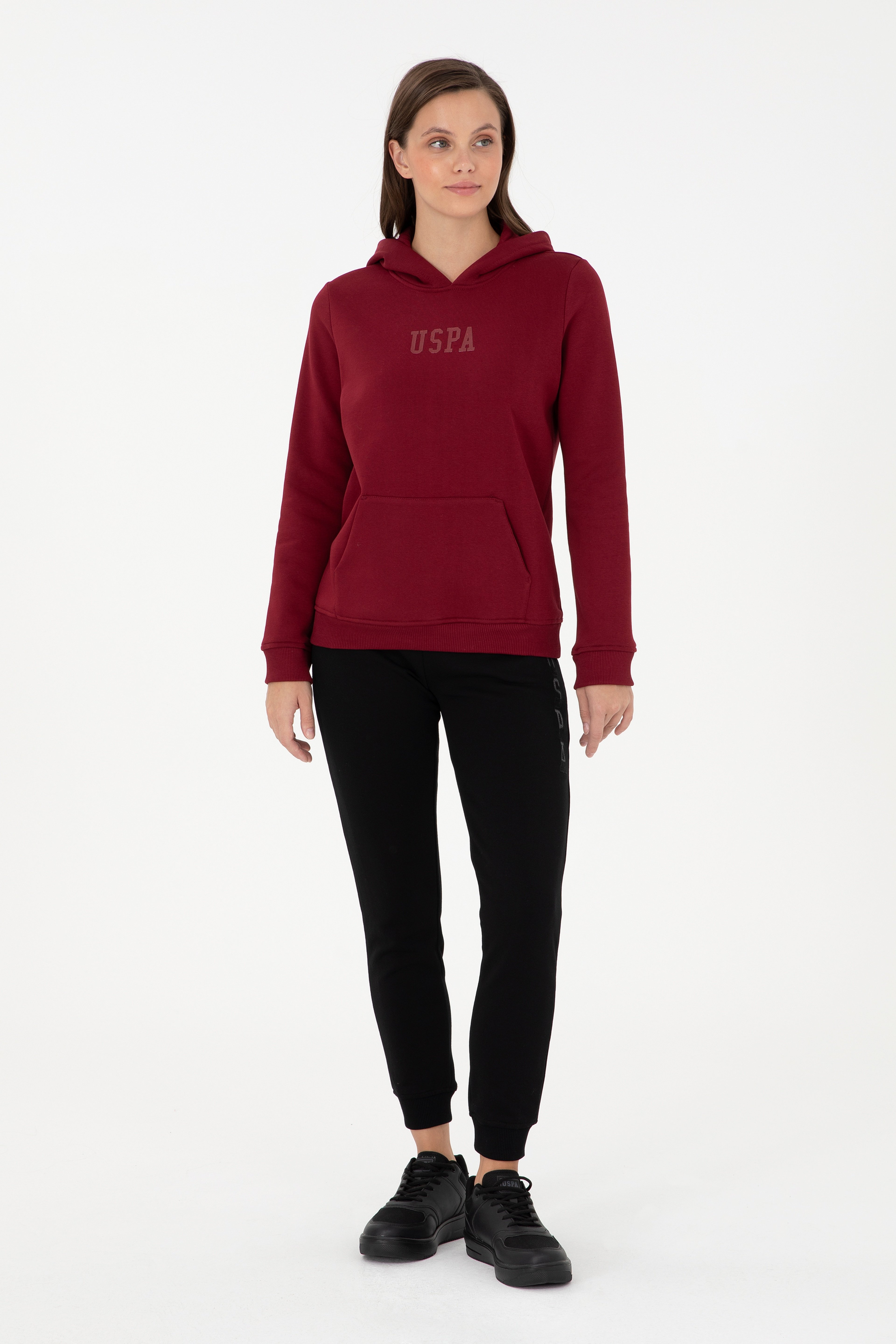 Kadın Bordo Basic Kapüşonlu Sweatshirt