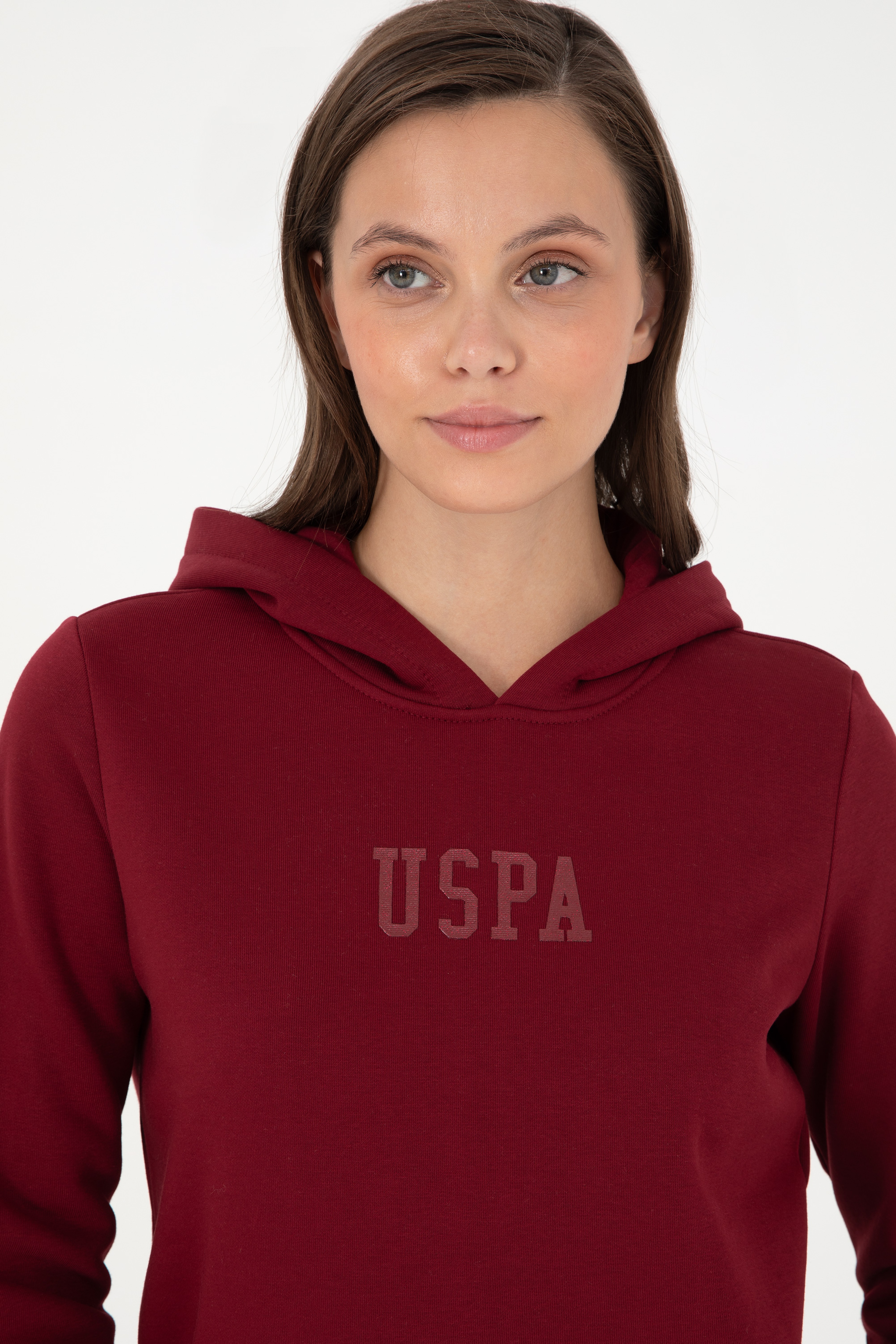 Kadın Bordo Basic Kapüşonlu Sweatshirt - Image 2