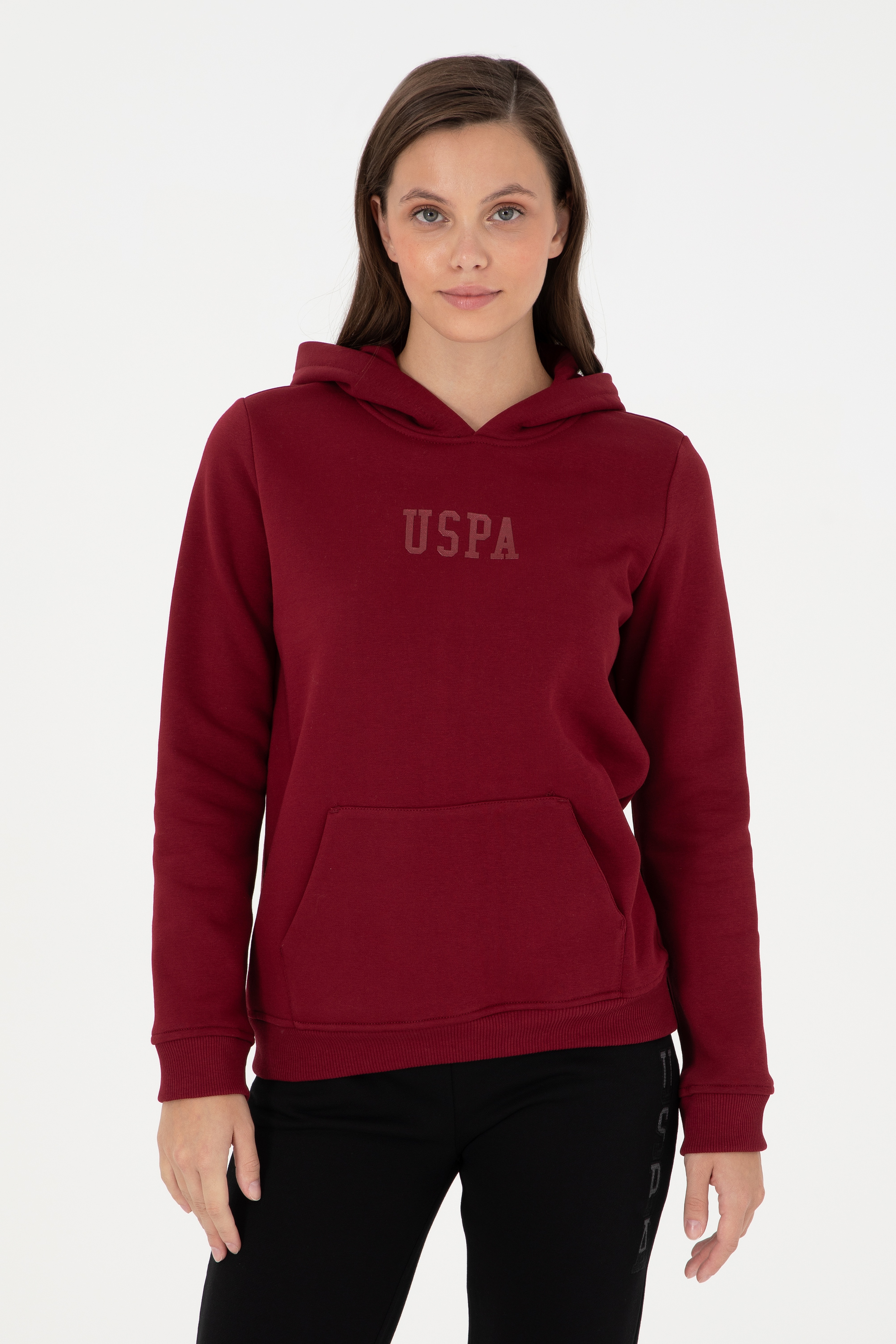 Kadın Bordo Basic Kapüşonlu Sweatshirt - Image 1