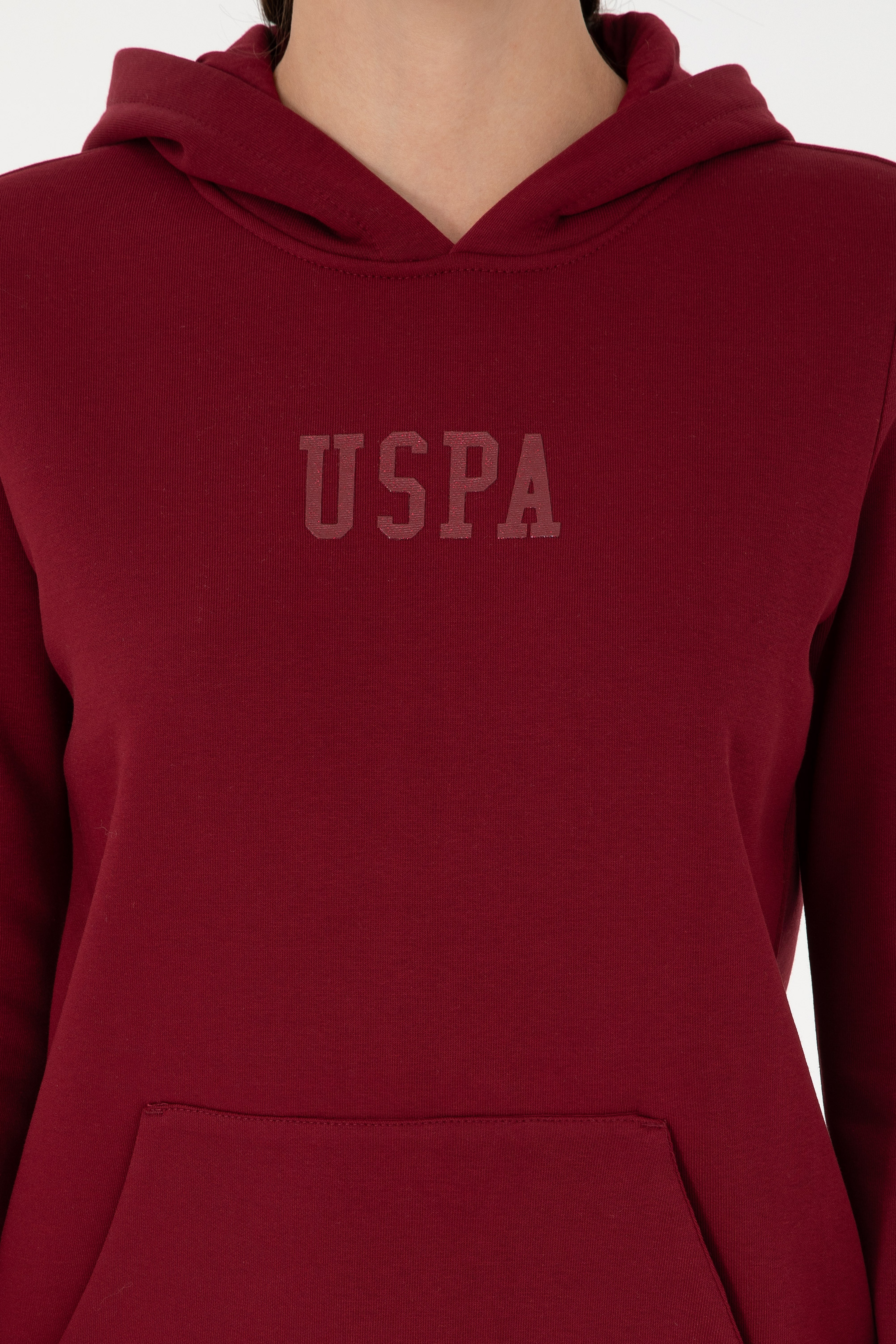 Kadın Bordo Basic Kapüşonlu Sweatshirt - Image 6